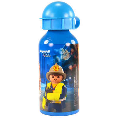 United Labels® Trinkflasche Playmobil Trinkflasche für Kinder - City Action Feuerwehr Flasche Wasserflasche aus Aluminium 400 ml Blau