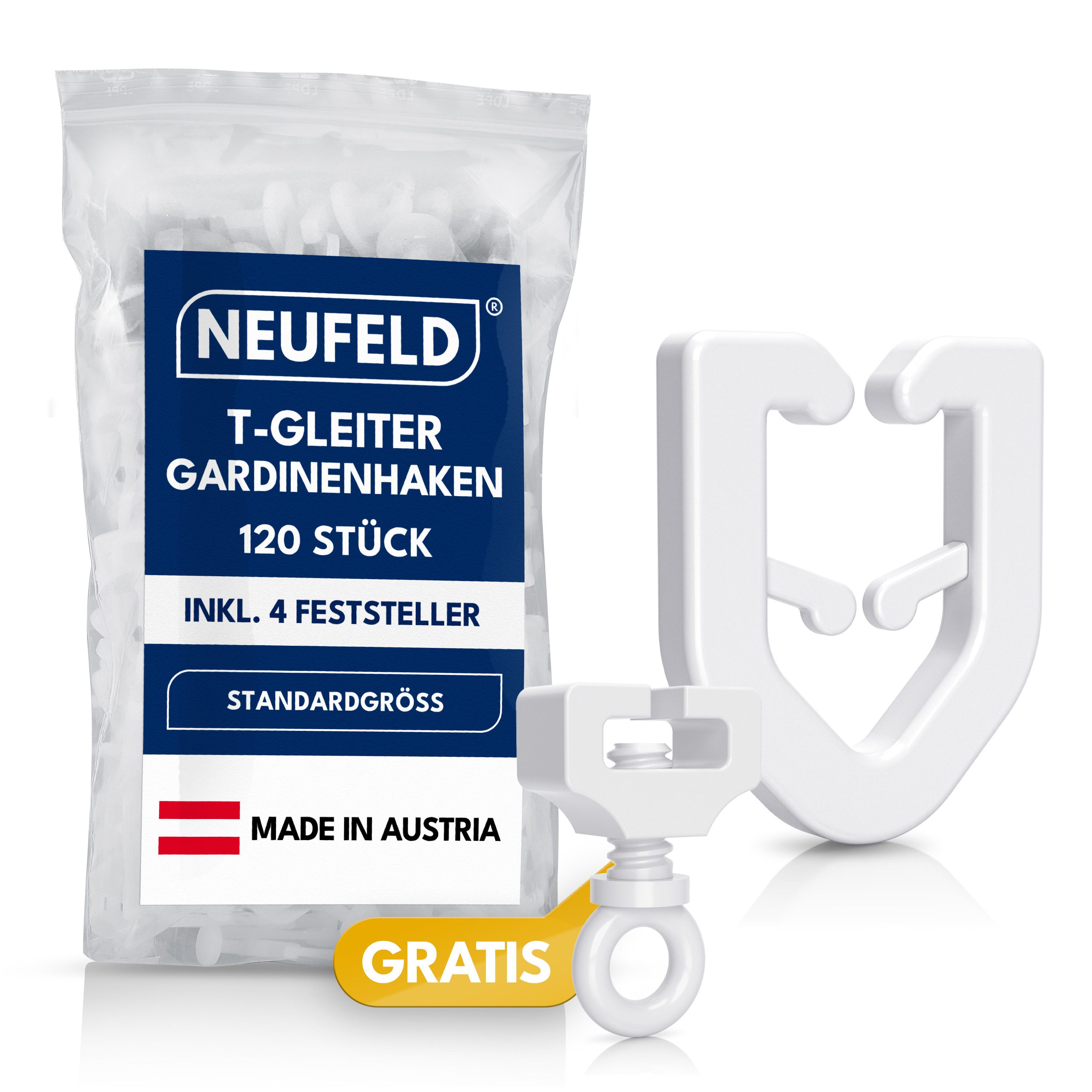 NEUFELD T-Gleiter 120 Stück inkl. 4 Feststeller – Gardinengleiter für T-Schienen, T-Gardinenschienen, Camper, Wohnwagen, Wohnmobile, (Set, 120 T-Gleiter inkl. 4 Feststeller), waschfest · leichtgängig · geräuscharm · robust
