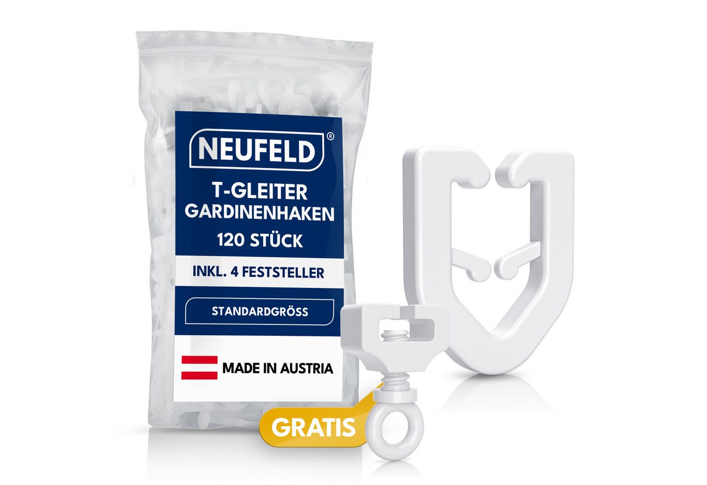 NEUFELD T-Gleiter 120 Stück inkl. 4 Feststeller – Gardinengleiter für T-Schienen, T-Gardinenschienen, Camper, Wohnwagen, Wohnmobile, (Set, 120 T-Gleiter inkl. 4 Feststeller), waschfest · leichtgängig · geräuscharm · robust