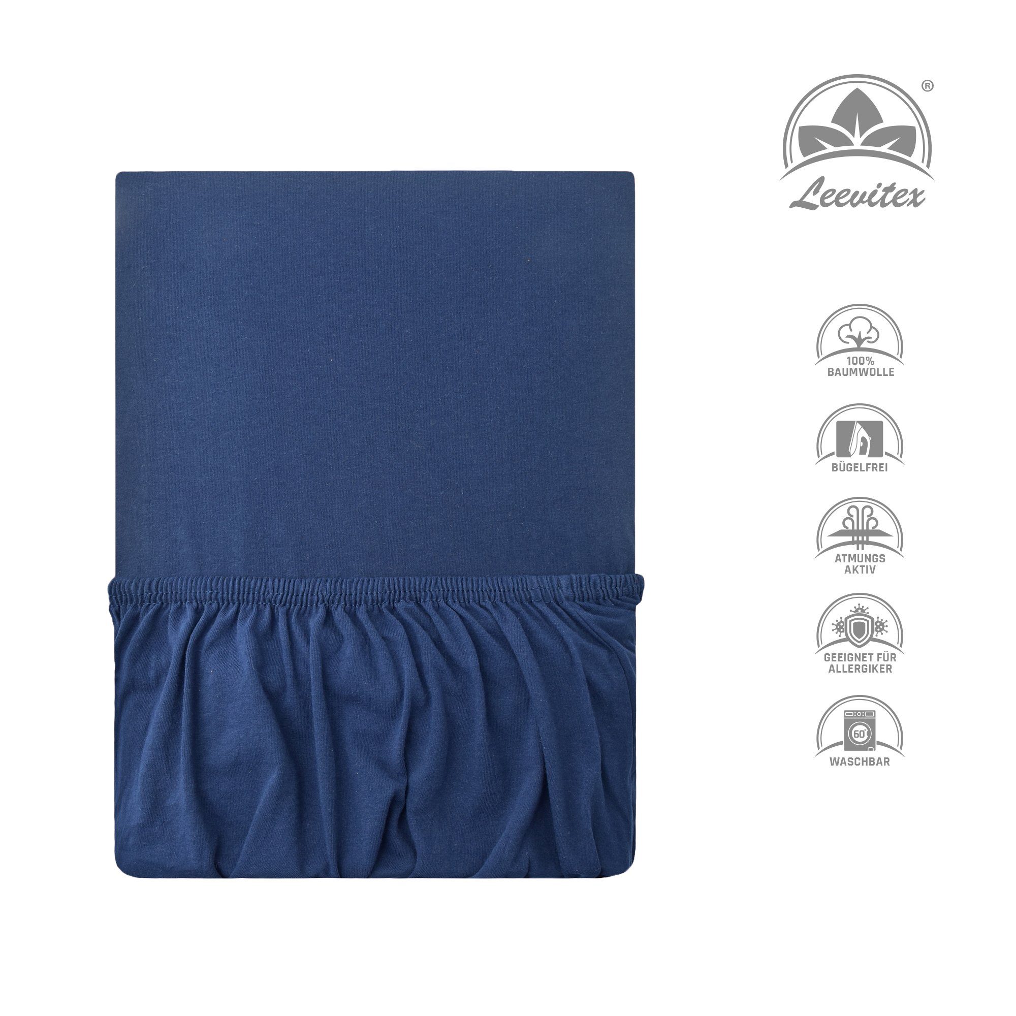 Spannbettlaken Classic Jersey, leevitex®, und Marine diverse / & Navyblau Gummizug: anschmiegsam dehnbar, rundum, Baumwolle, 100% Farben Größen