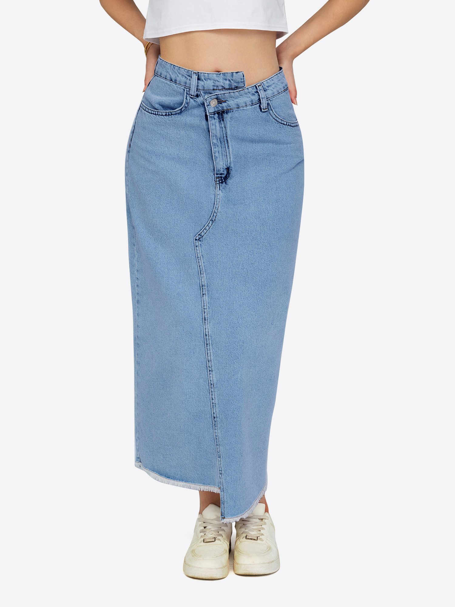 Imily Bela Jeansrock Damen Jeans-Midirock mit asymmetrischer Taille und Fransensaum (Packung, 1-tlg., 1per-Pack) 4-Pocket-Style
