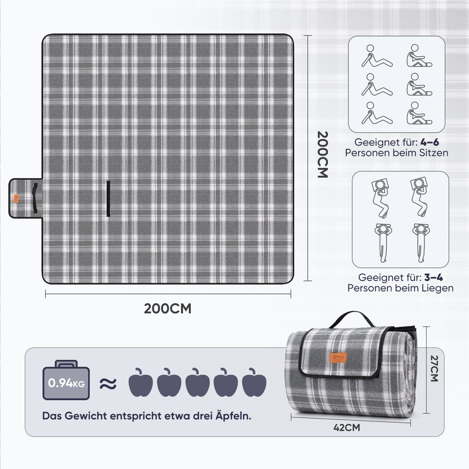 Picknickdecke Picknickdecke Wasserdicht Campingdecke 200x200 cm, Sekey, 3-Schicht mit PEVA Unterseite, für 4–6 Personen, für Strand & Camping