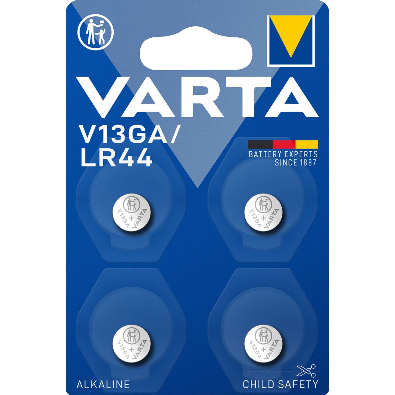 VARTA 4er-Set LR44/AG13 Knopfzellen, Premium Alkaline für Uhren & Rechner Knopfzelle, (4 St), Typenbezeichnung: LR-44/AG13/V13GA/A76/76A