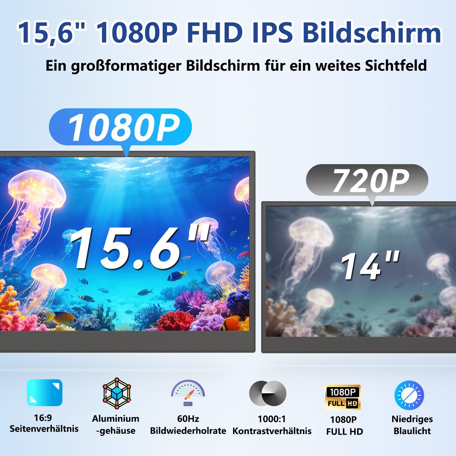 KEFEYA Dual-Screen-Laptop-Bildschirm-Extender Laptop-Bildschirmerweiterung Portabler Monitor (40 cm/15.6 ", 1920 * 1080 px, Full HD, 60 Hz, HDR, Tragbarer Monitor,13–17,3″, Kompatibel mit Android/Windows/Chrome usw)