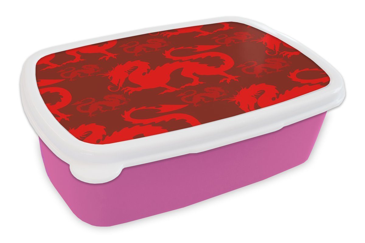 MuchoWow Lunchbox Drache - Rot - Muster, Kunststoff, (2-tlg), Brotbox für Erwachsene, Brotdose Kinder, Snackbox, Mädchen, Kunststoff rosa