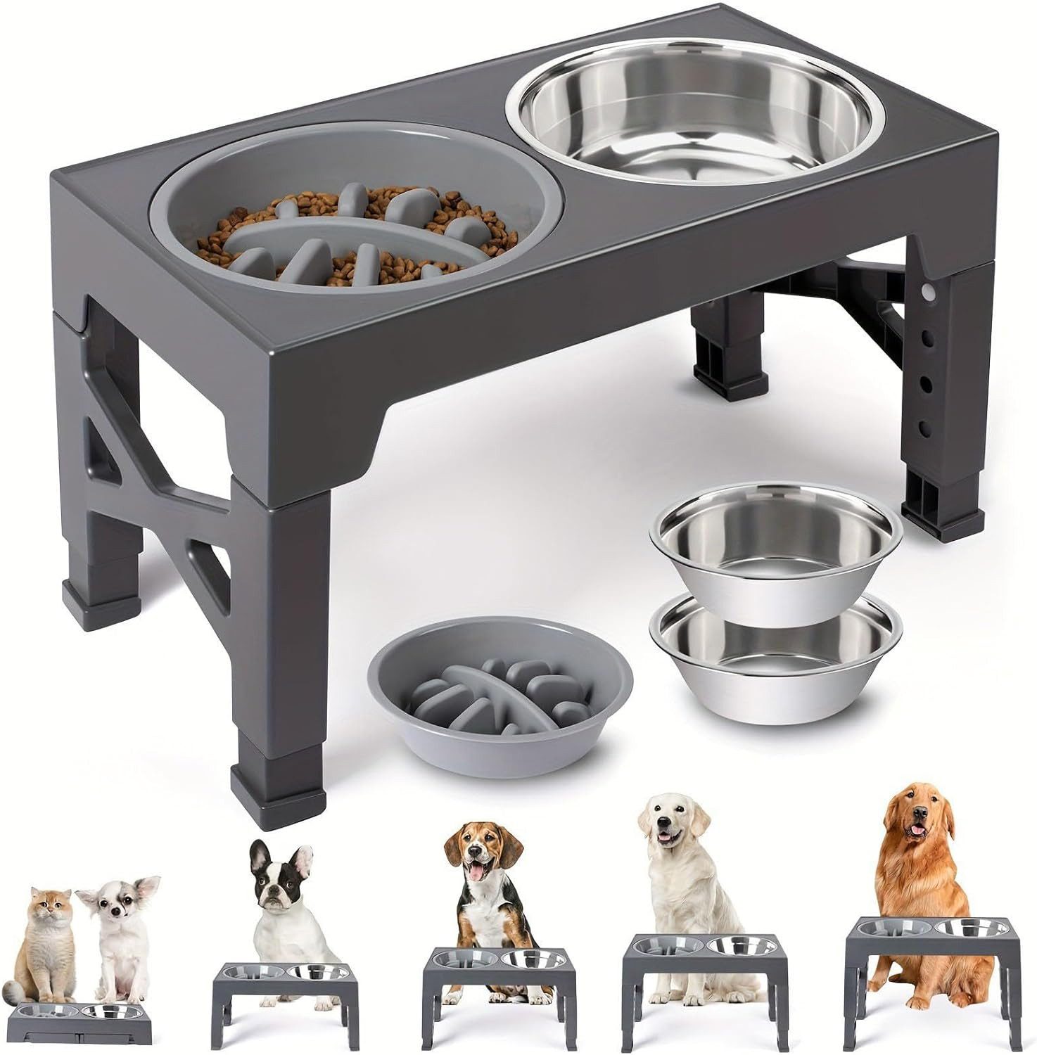 BlingBin Futternapf Erhöhter Hundenapf mit 2 Edelstahlnäpfen und 1 Anti-Schlingnapf, Silikon, Edelstahl, 5 Höhenverstellbar Futterstation für Kleine Mittlere Große Hunde