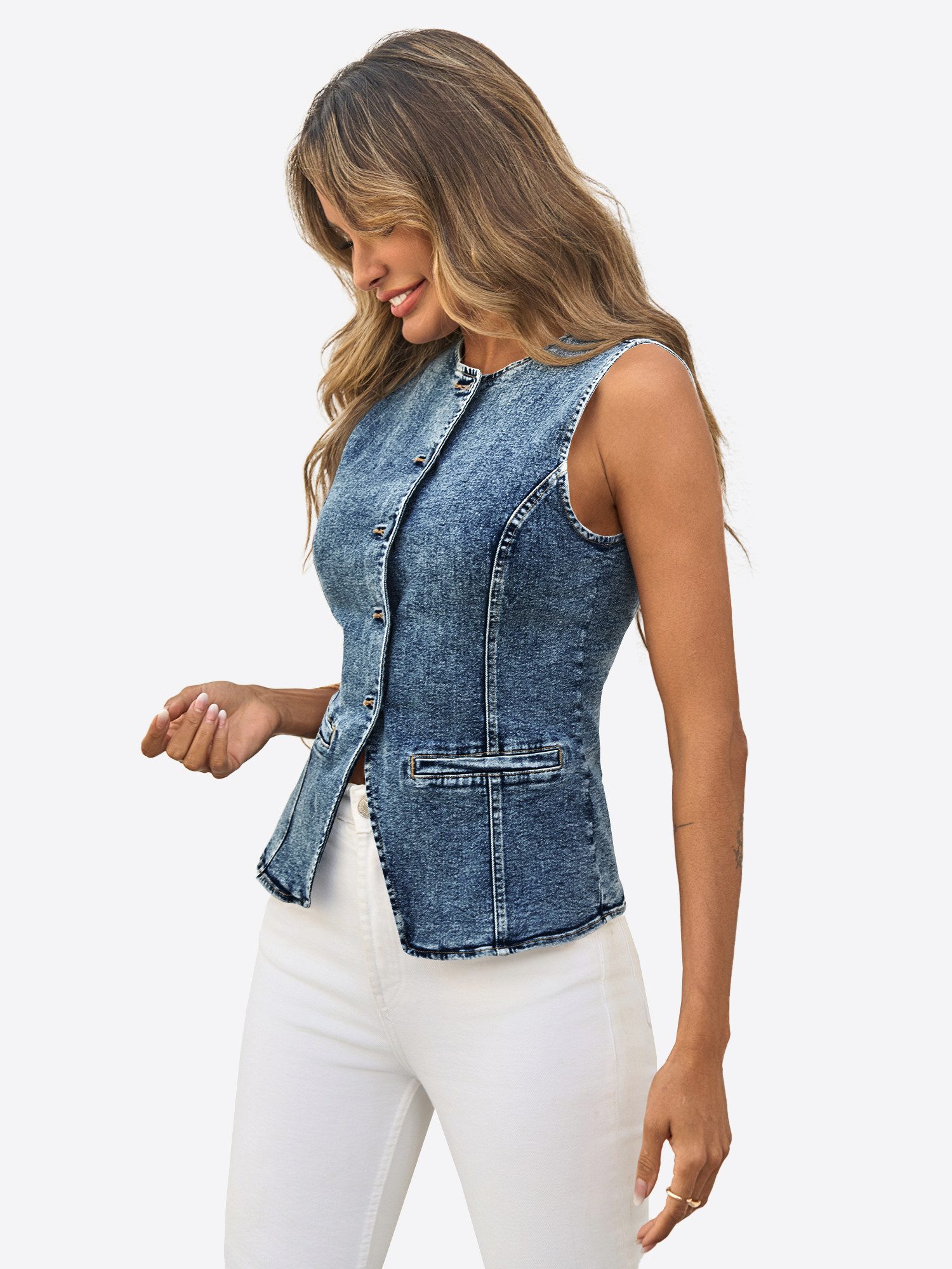 Imily Bela Jeansweste Damen Denim mit Rundhalsausschnitt und Knopfleiste Slim Fit (Packung, 1-tlg., 1per-Pack) in Unifarbe – Bild 4 von 5