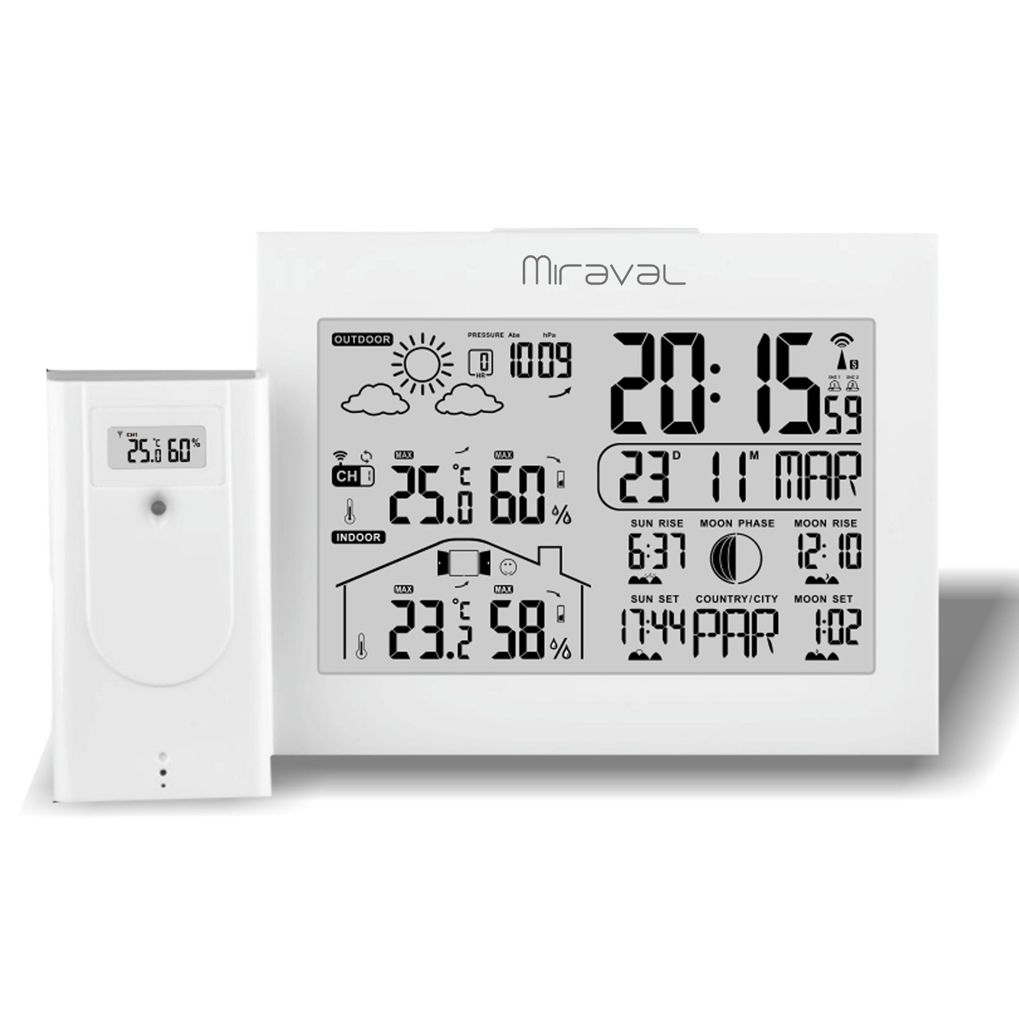 Miraval Alarm Funk-Wetterstation Hygrometer) LCD Datumsanzeige (Temperaturanzeige mit Displaybeleuchtung Weiß Funkwetterstation Außensenor