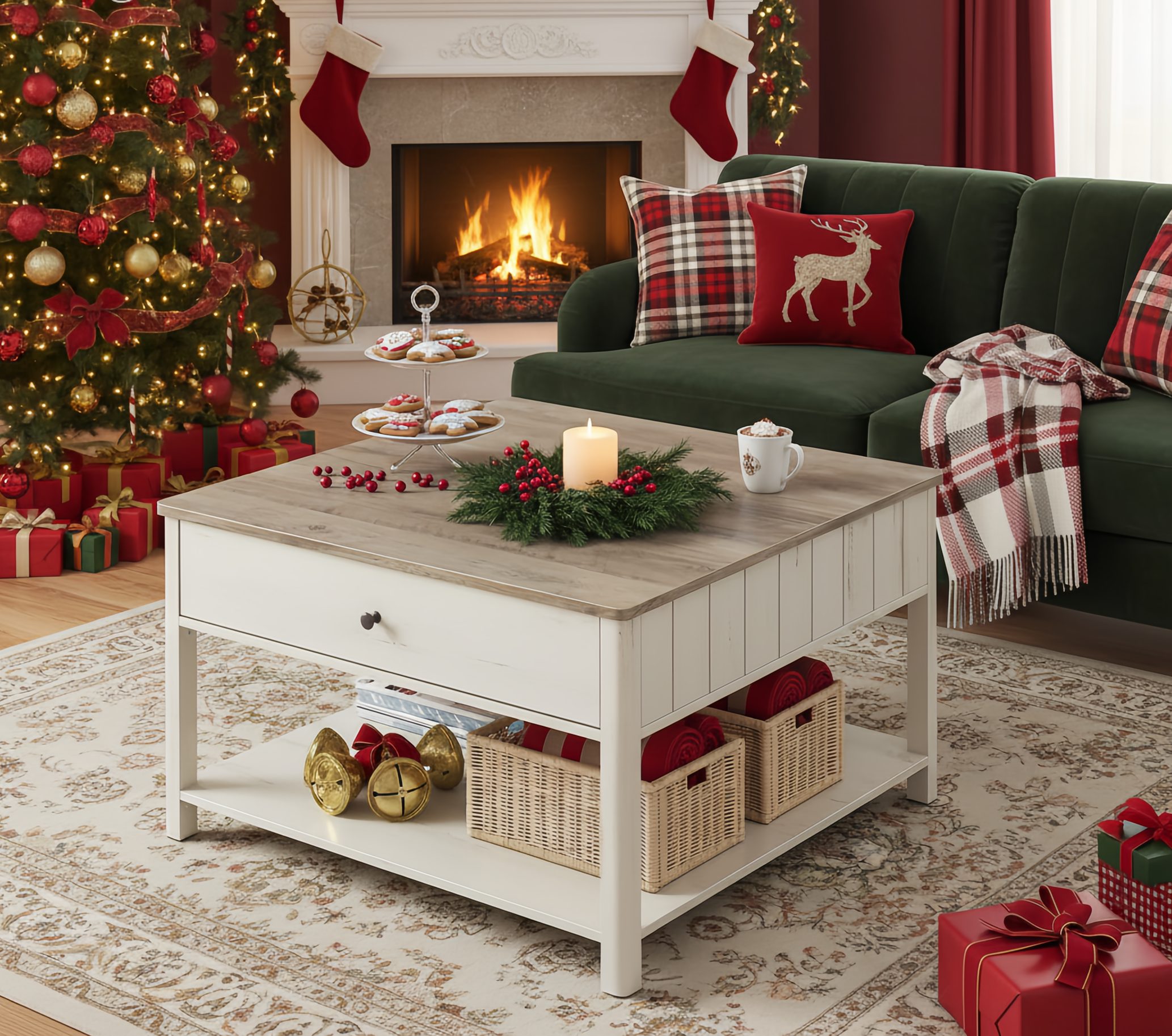 VASAGLE Couchtisch Wohnzimmertisch, 2 große Schubladen, 80 x 80 x 45 cm, für Wohnzimmer (inkl. Zubehörpaket & Anleitung), Sofatisch, viel Stauraum, Landhausstil, greige meliert-wolkenweiß