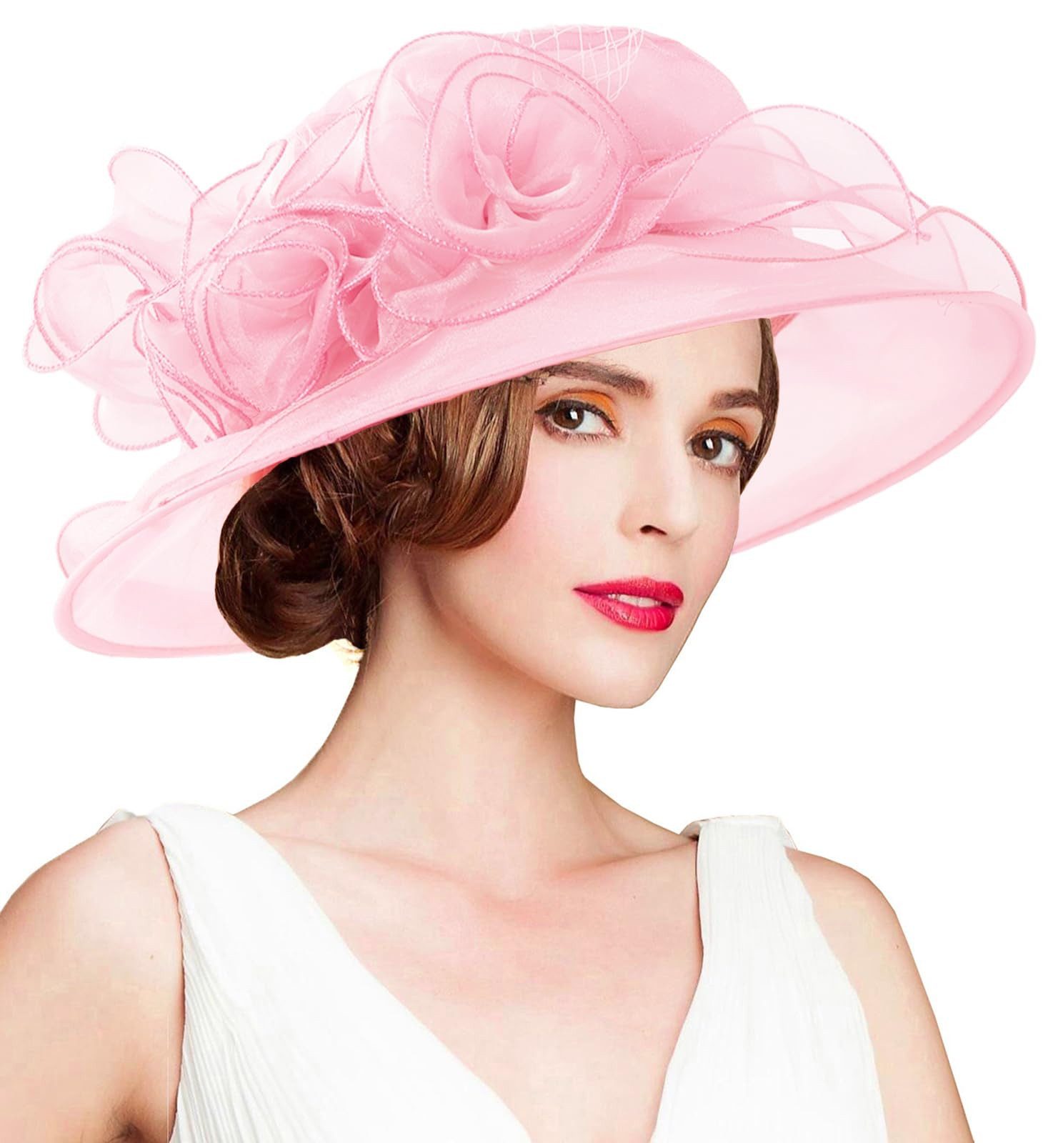 Bwecuy Sonnenhut Damenhut mit breiter Krempe, Blumen- und Blattdekor ideal für Hochzeit, Kirche und Tea Party