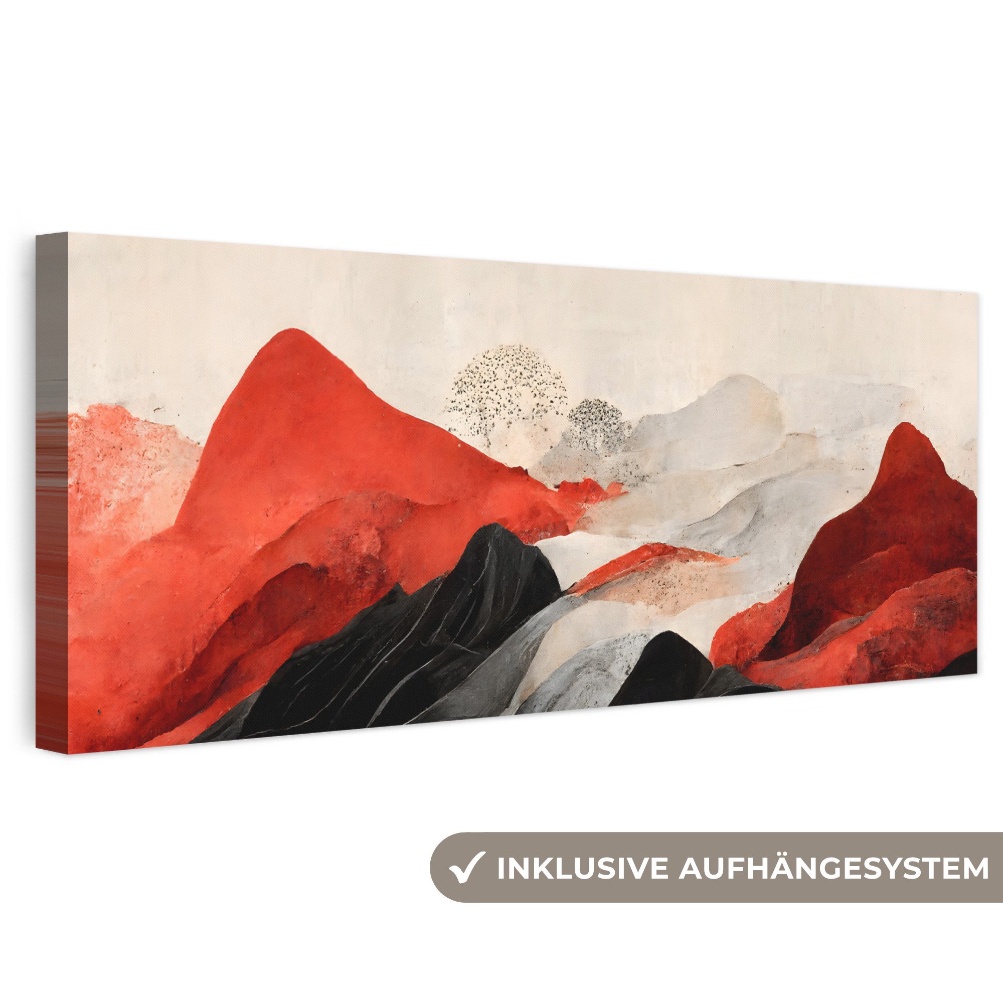 OneMillionCanvasses® Leinwandbild Panorama Kunst - Berge - Rot - Weiß - Schwarz, Fotodruck (1 St), Wandbild, Deko Schlafzimmer Wohnzimmer Flur 60x20 cm