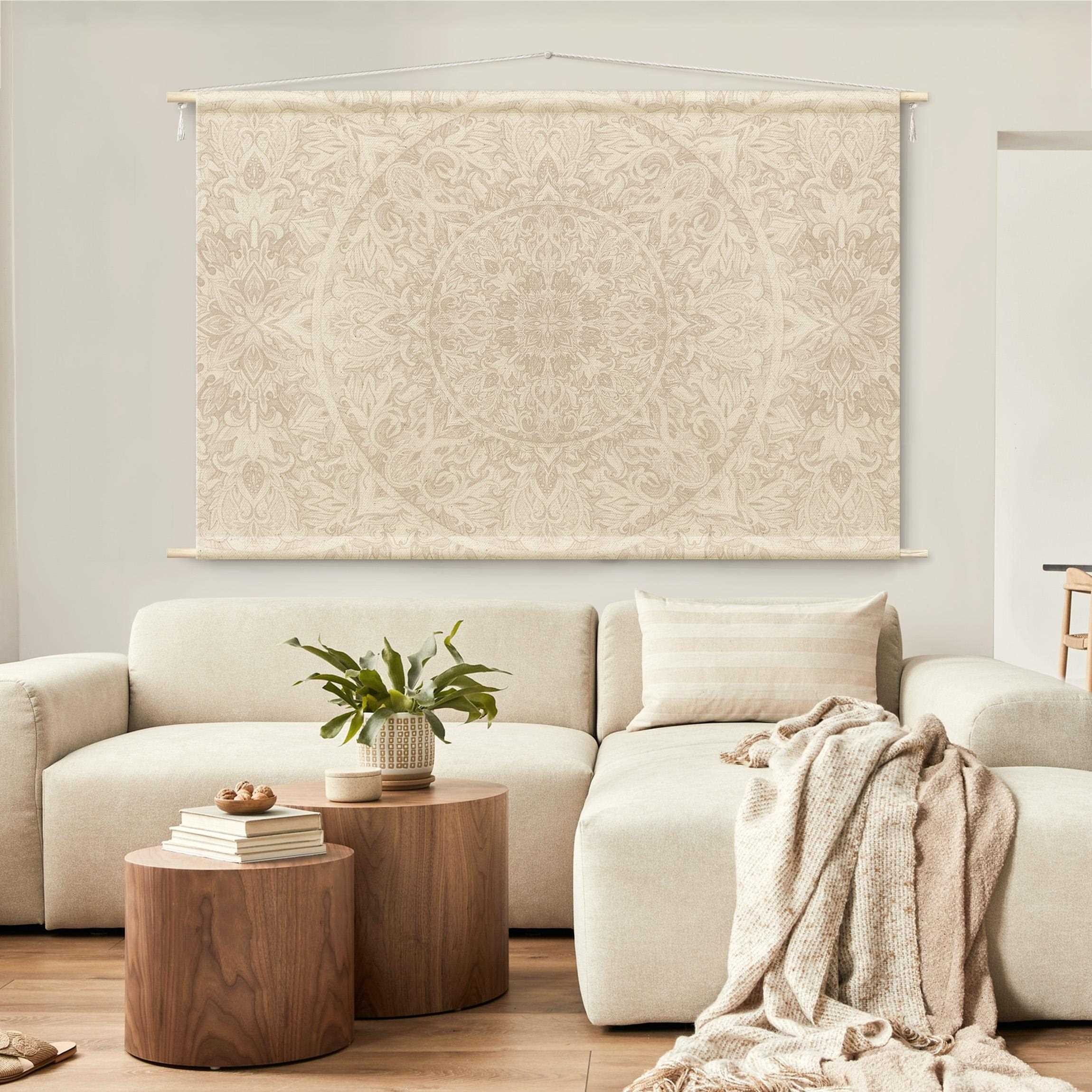 Bilderdepot24 Wandteppich modern Mandala Aquarell Muster Ornamente Spirituell beige, rechteckig, Höhe: 2.6 mm, großes Wandbild aus Natur-Baumwolle Wandbehang Stoffbild Tuch Wollseil