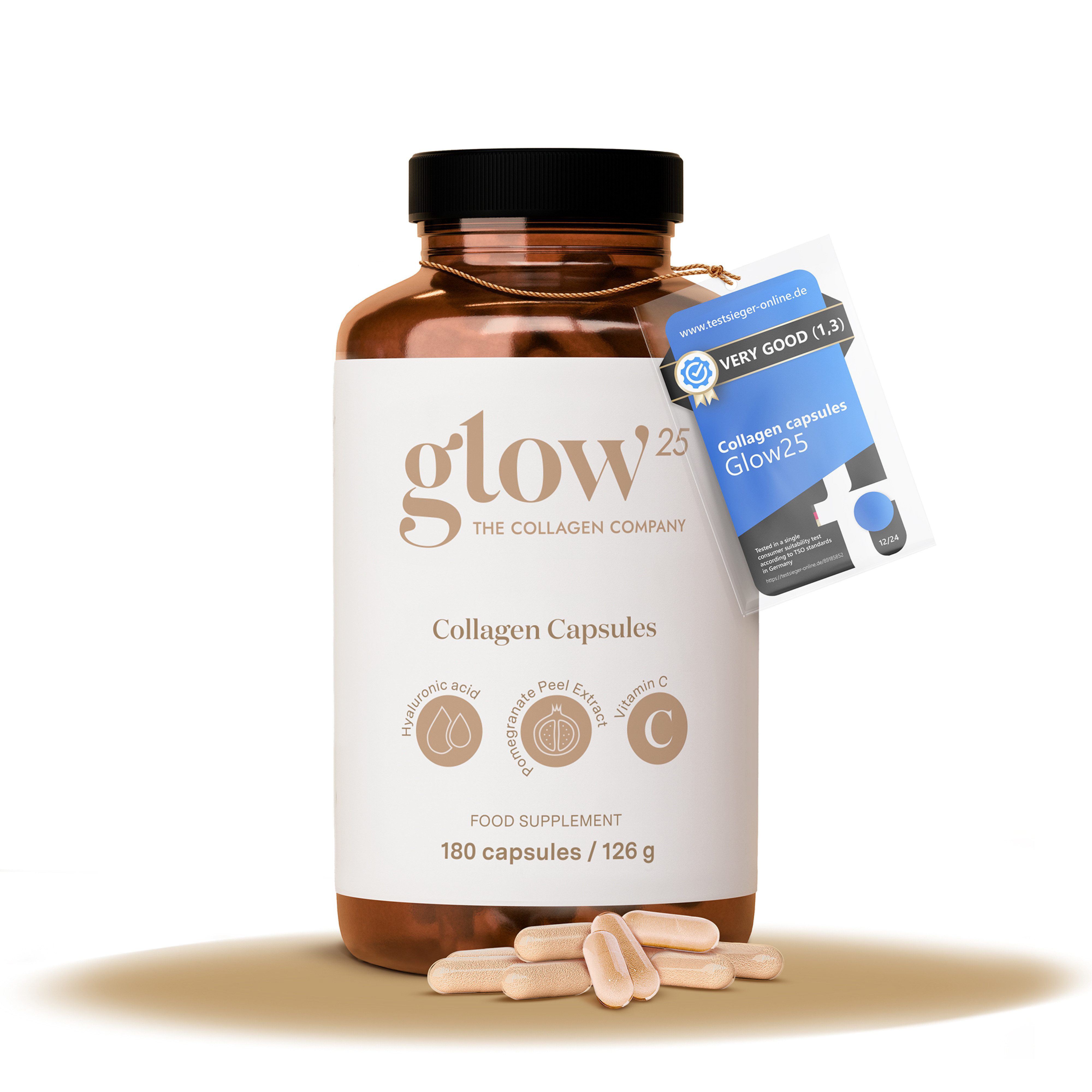 Glow25 Kollagen Kapseln [180 Kapseln] mit Hyaluronsäure und Vitamin C Kapseln, 126 g