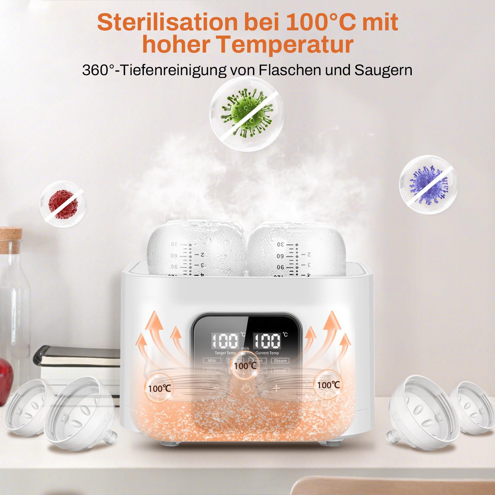 FOSMET Babyflaschenwärmer 2026 Modell 9-in-1 Babyflaschenwärmer Sterilisator 4 Flaschen BPA-frei, 60-240ml Flaschen, 100 °C Dampfst­erilisation, Fernbedienung