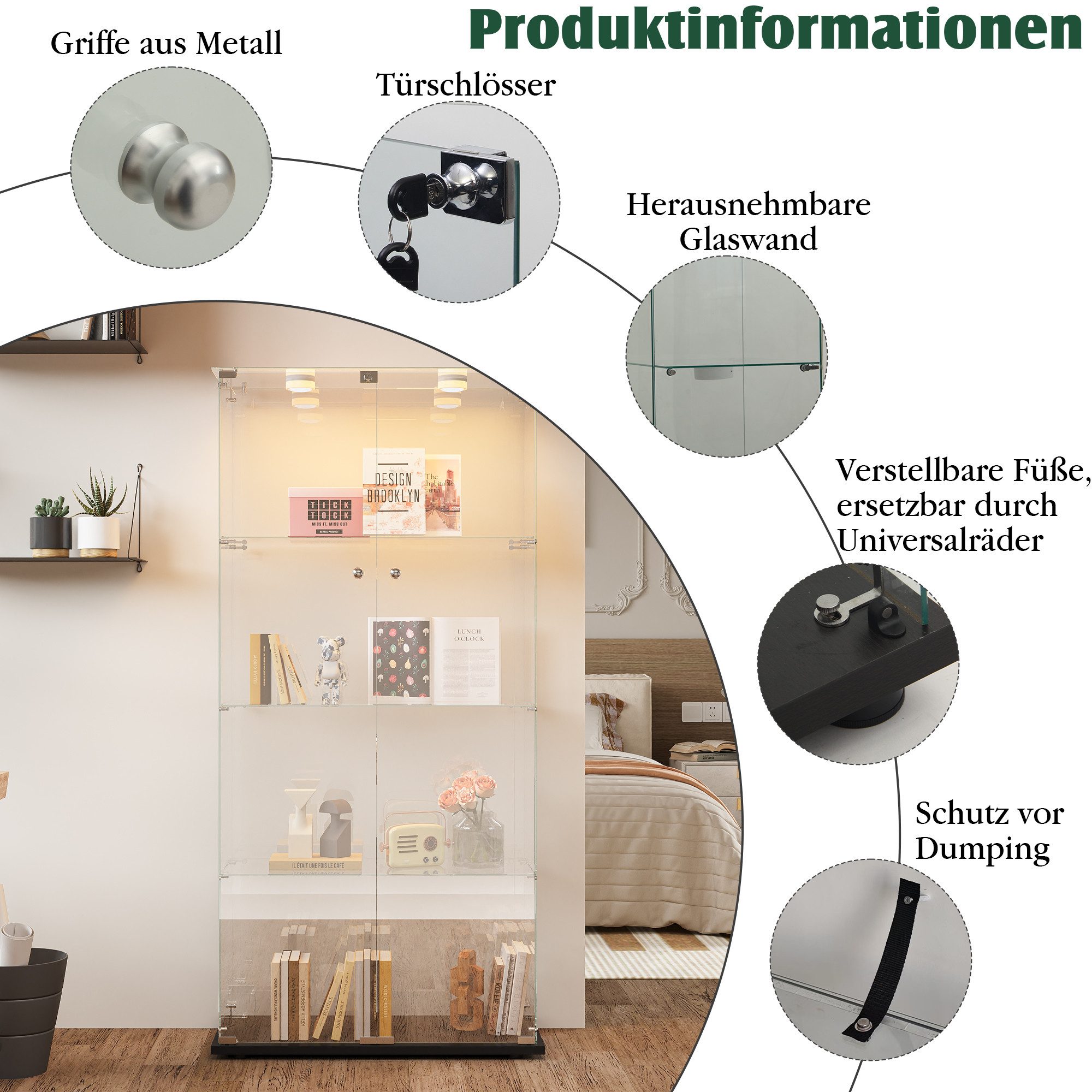NMCXXO Glasvitrine Vitrine Eckglasanzeigeschrank Ausstellungsschrank mit LED-Beleuchtung Standvitrine/Glasvitrine,Eckglasanzeigeschrank, Große Kapazität
