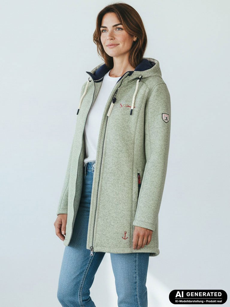 Dry Fashion Wollmantel Amsterdam Damen Wollfleece-Mantel - Fleecemantel Fleecejacke Meliert Windabweisend, 2-Wege-Reißverschluss, Kapuze, Reißverschluss-Taschen