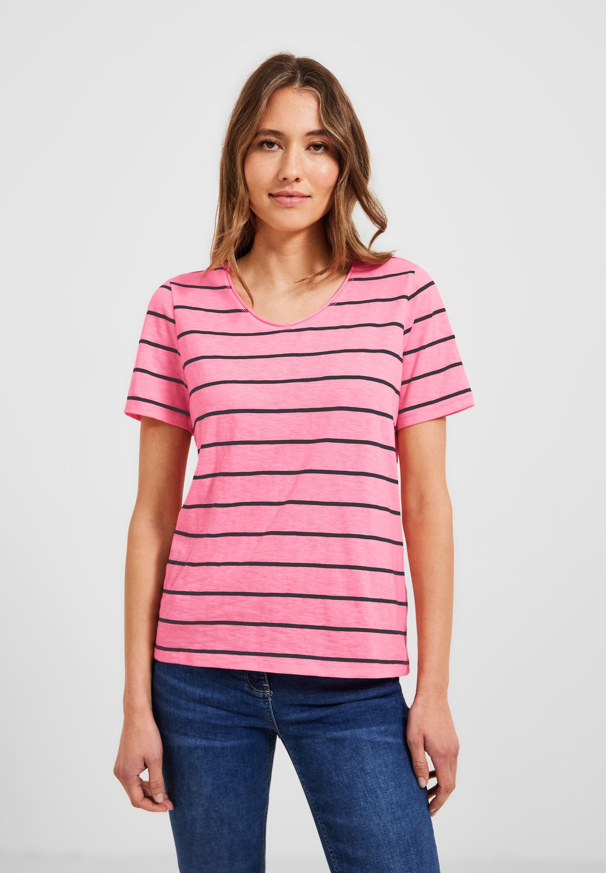 Cecil T-Shirt mit abgerundetem V-Ausschnitt, Streifenmuster