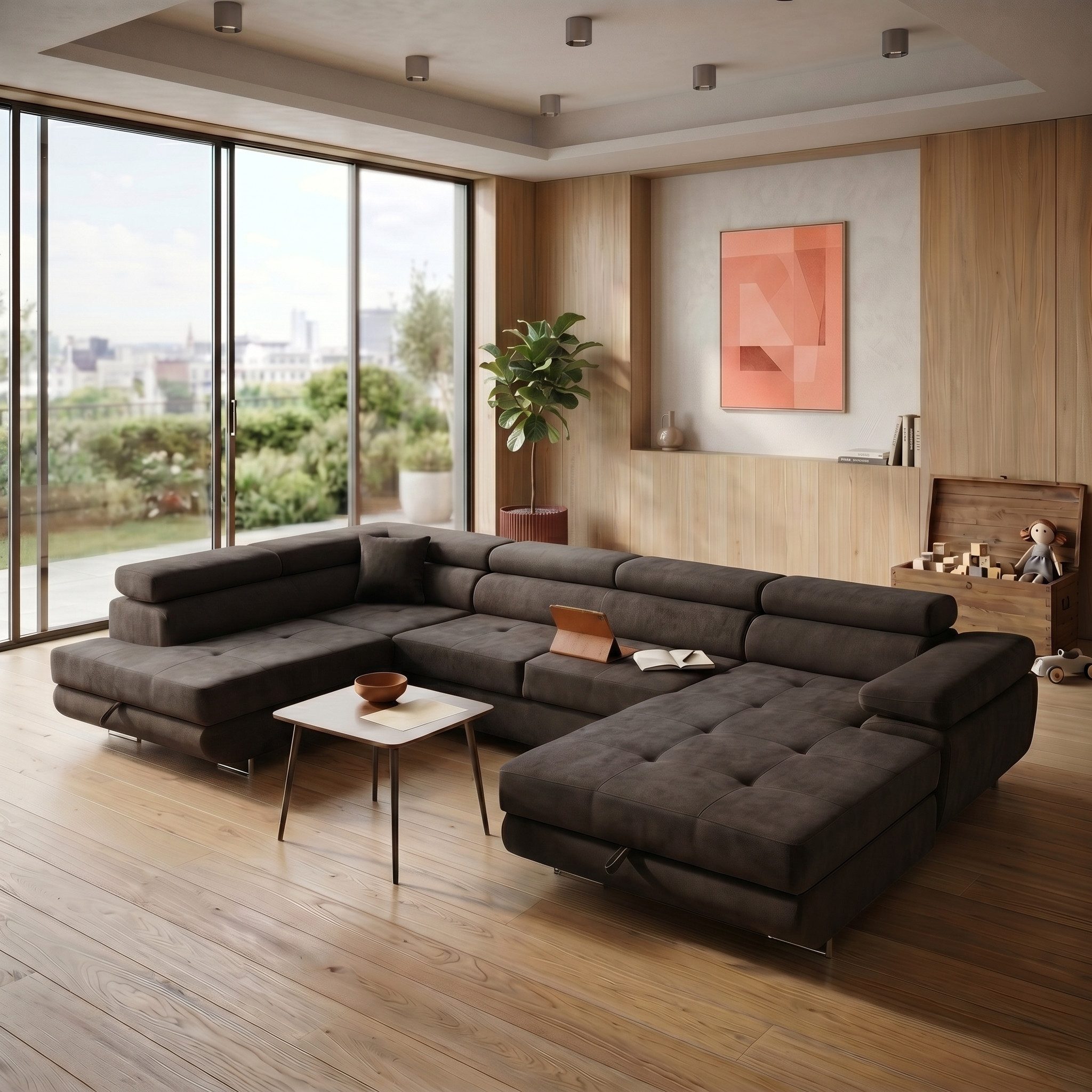 Muffo Ecksofa WILD U, Verstellbare Kopfstützen, elegante Metallbeine, 2 Bettzeugkasten, gelegentliche Schlaffunktion