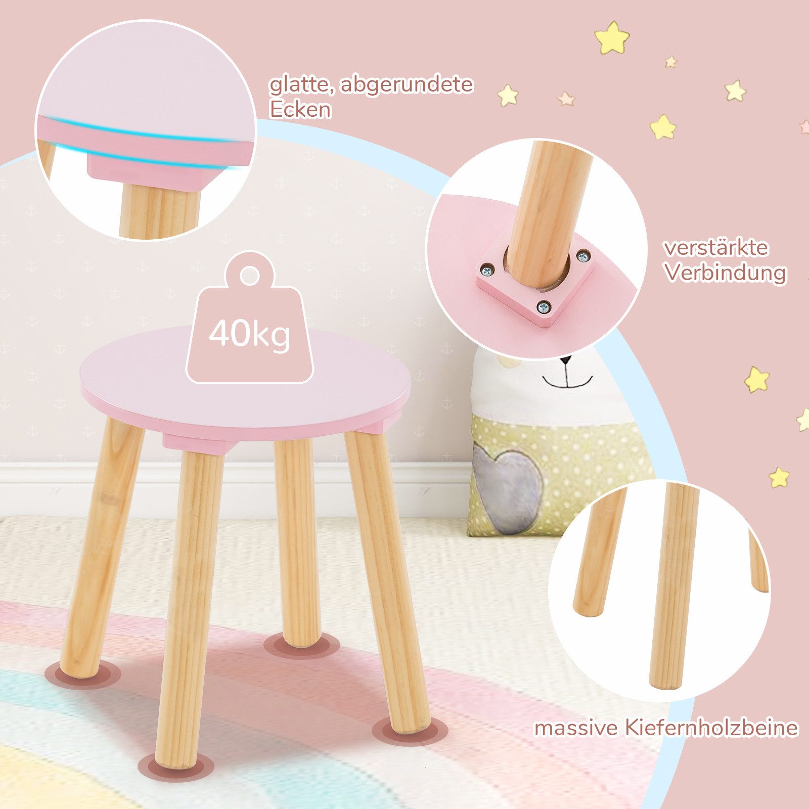 COSTWAY Schminktisch 2 in 1 Kinder Schreibtisch mit Hocker, aus Holz