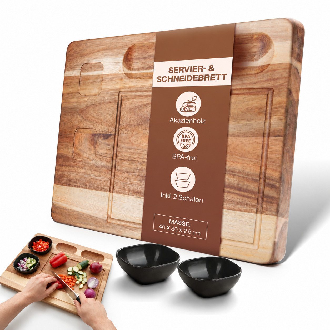 PEGSEN Servierbrett 2in1 Servierplatte & Schneidebrett aus Holz mit Saftrille, 40x30cm, Akazienholz, (Set, 3-St., Schneidebrett + 2 Schalen), Präsentation von Speisen wie Sushi, Käse, Tapas oder Antipasti