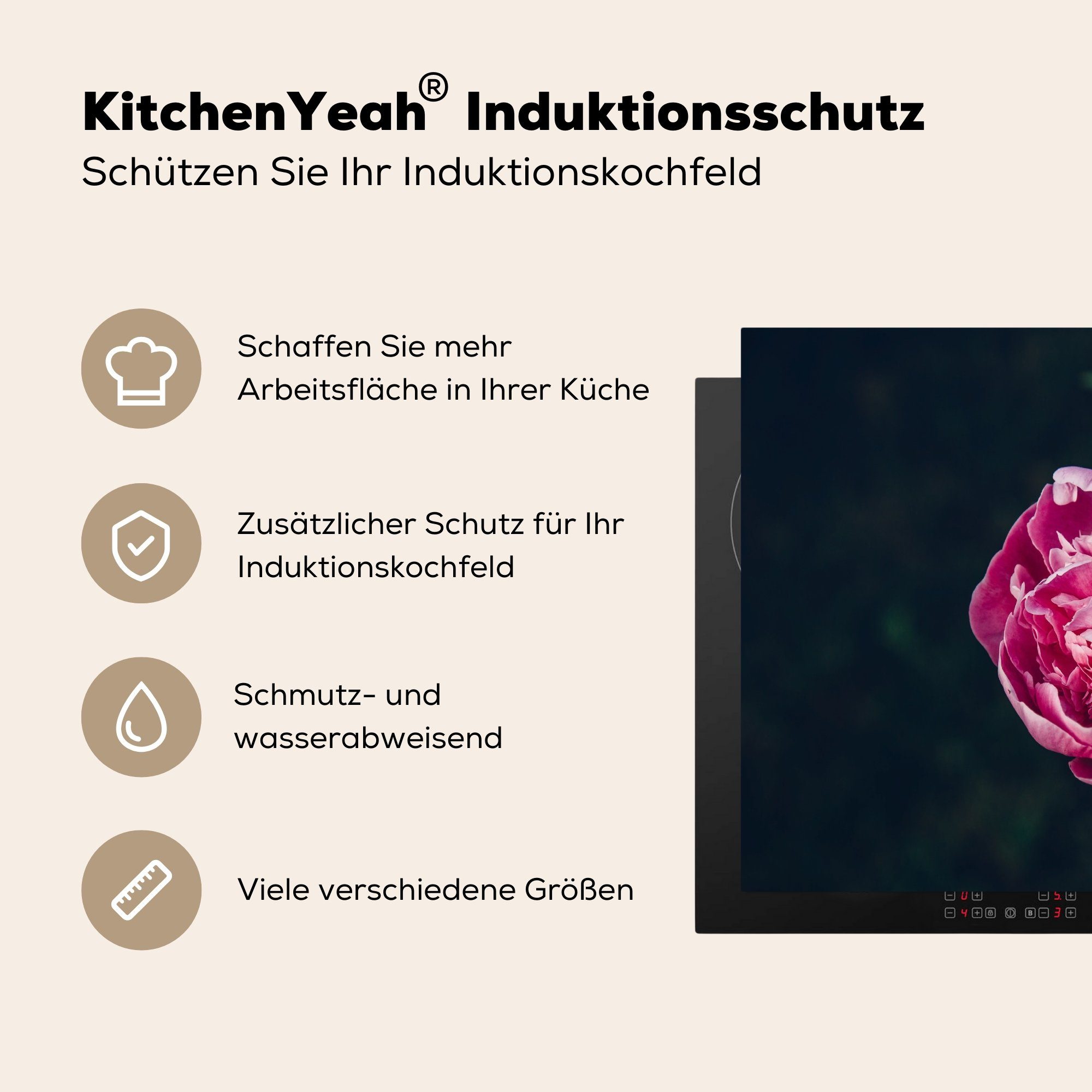 MuchoWow Herdblende-/Abdeckplatte Blumen - cm, tlg), 57x51 - Rosa Vinyl, Rosen, Induktionsschutz, (1 Ceranfeldabdeckung Induktionskochfeld