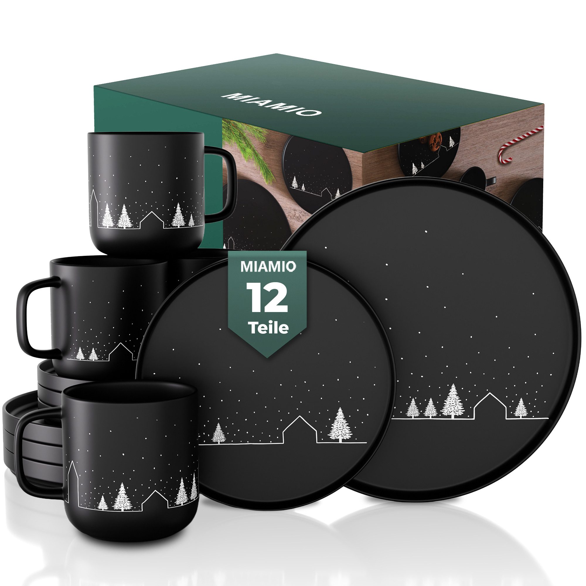 MiaMio Tafelservice Vinter matte Glasur, Schwarz (12-tlg), 4 Personen, Keramik, 12-teilig, matte schwarze Glasur