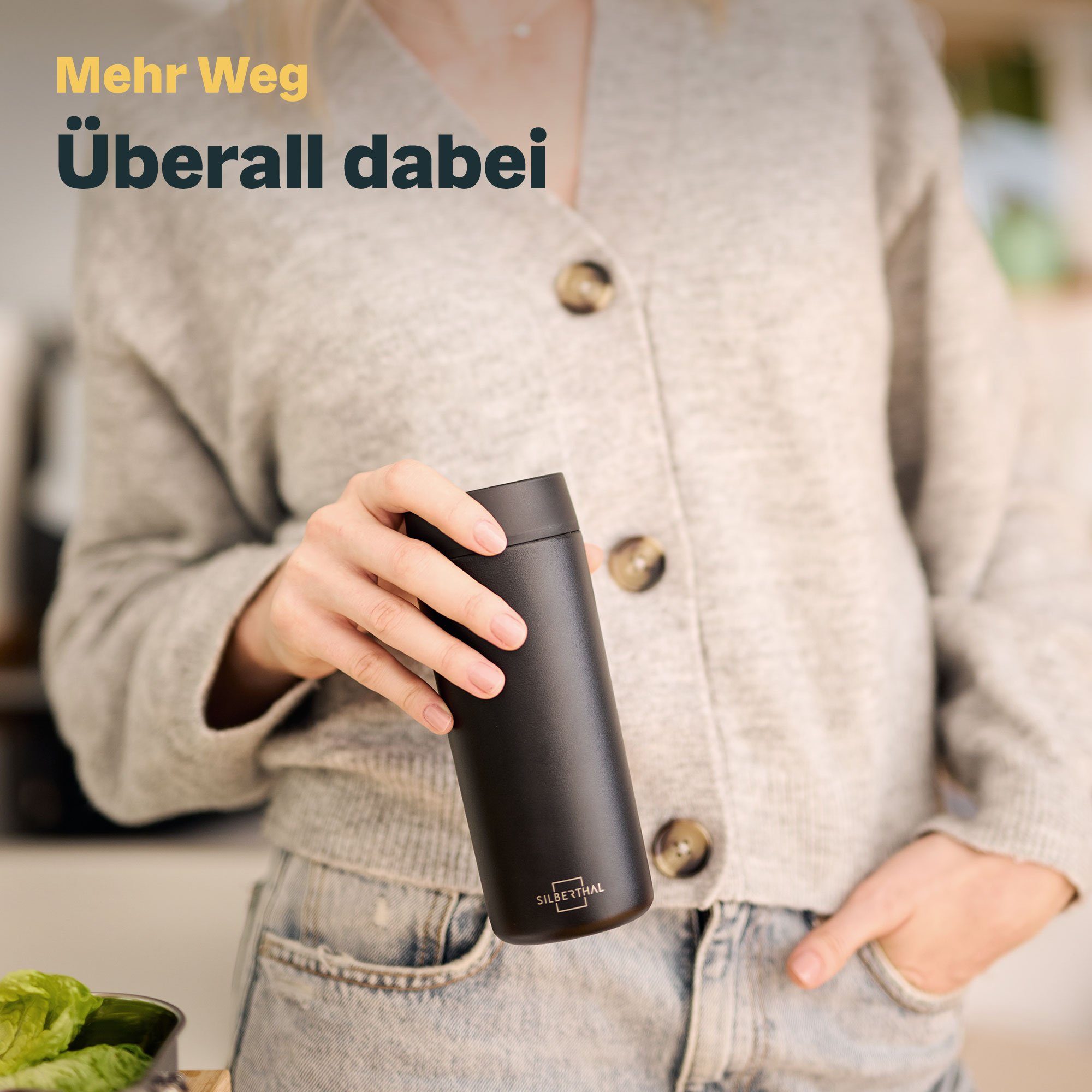 Schwarz ml, kühl, go Kaffee to SILBERTHAL Edelstahl, im Innern Thermobecher 12h 350 6h heiß feine & Keramik