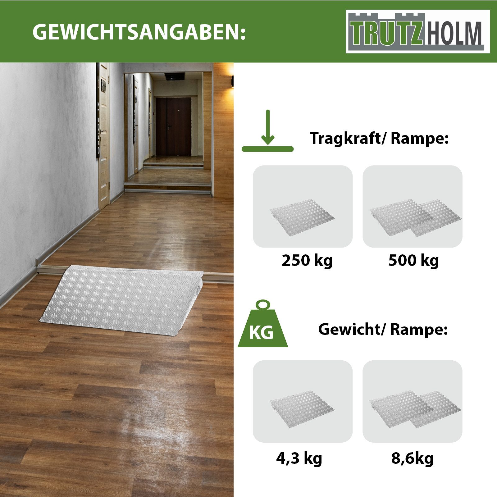 TRUTZHOLM Auffahrrampe Türschwellenrampe 63 cm Länge Rollstuhlrampe mit Tragegriff (Stück, 1-St), 250 kg Traglast,Aluminium