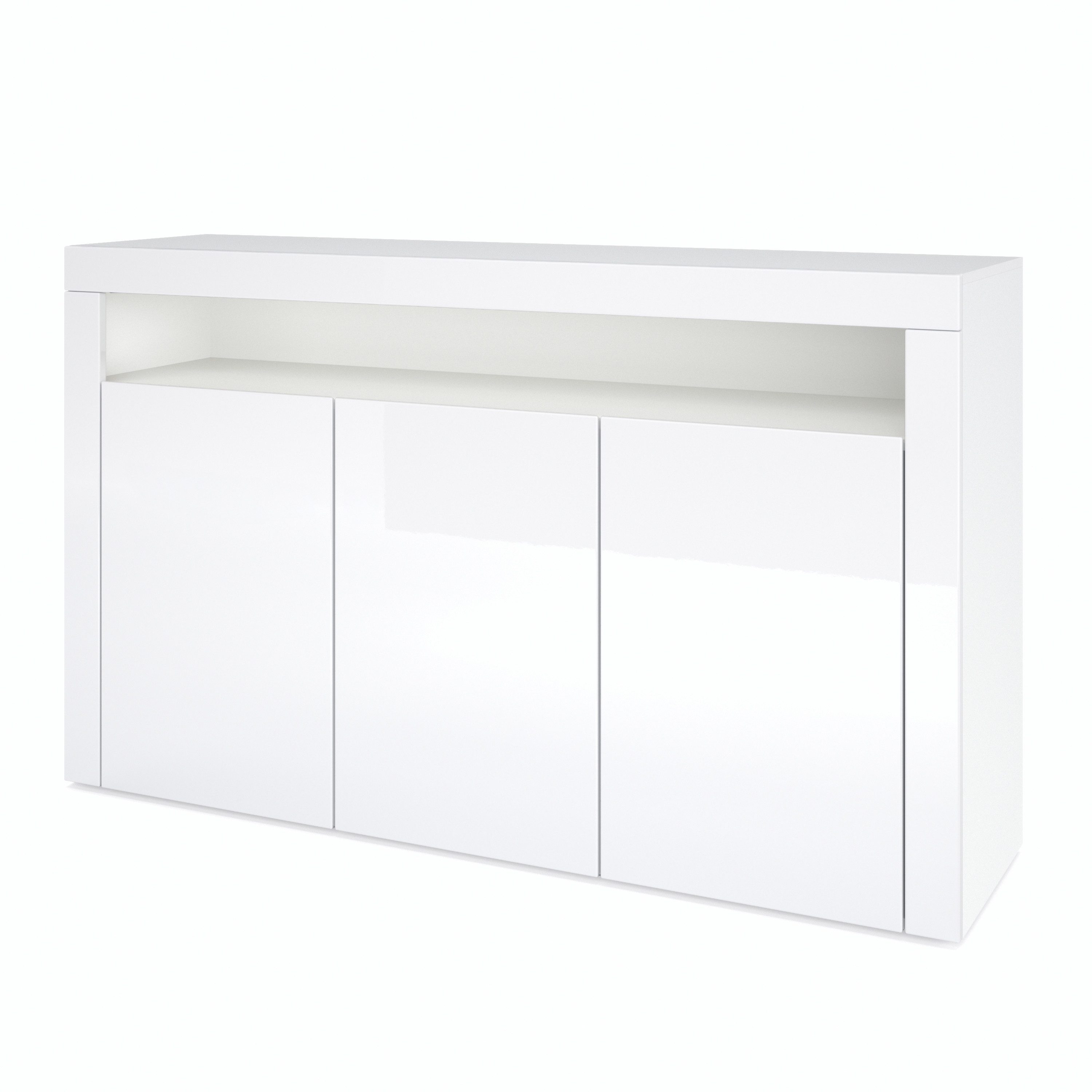 Vladon Sideboard Valencia (Sideboard, mit 3 Türen und 1 offenem Fach), Weiß matt/Weiß Hochglanz/Weiß Hochglanz (155 x 92 x 40 cm)