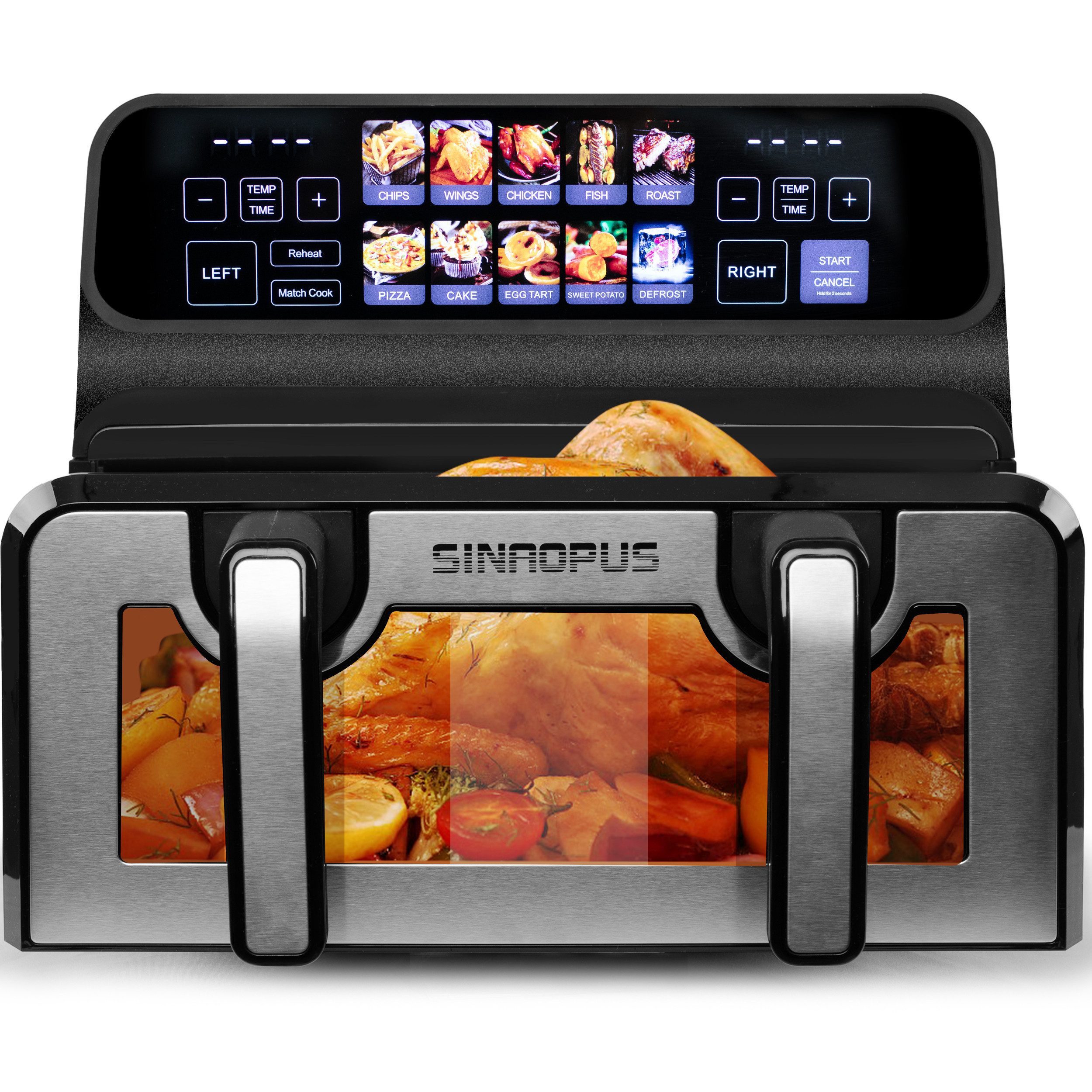 WHEELYOU Heißluftfritteuse 2 Kammern, 9L Airfryer Doppelkammer Einkammer Verstellbar, 2200 W, Touch Display, Sichtfenster, Silber/Edelstahl, Doppelkammer