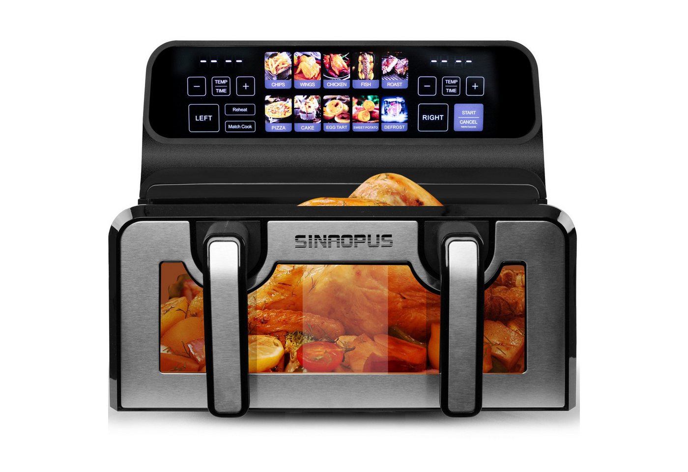 WHEELYOU Heißluftfritteuse 9L, 2200W Doppelkammer-Airfryer mit Sichtfenster, Touchdisplay & 10 Programmen, 2200 W, XXL Airfryer mit Doppel-/Einzelkammer, 360° Heißluft und 50–200 °C