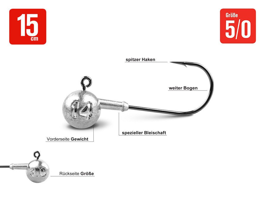 Lieblingsköder Jighaken Lieblingsköder Jigkopf-Set 5/0 - 15 cm Köder - 16 Jigs + 15 Snaps, (Jighaken-Set #/0 incl. Snaps), super Scharf - passend für 6 cm Köder
