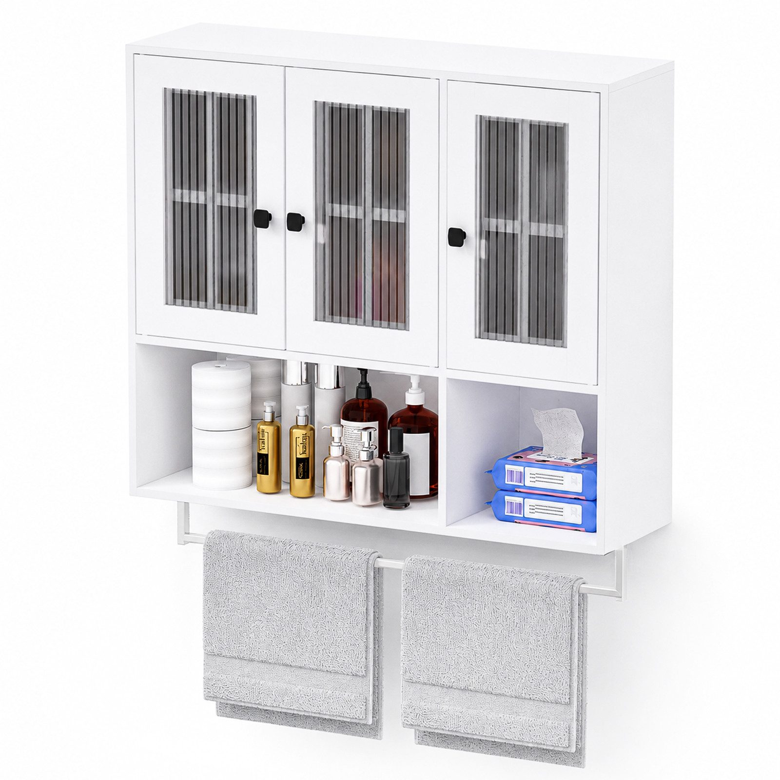 Yorbay Hängeschrank Badezimmerschrank mit 3 Türen (Inklusive Handtuchhalter & höhenverstellbaren Einlegeböden) Moderner Aufbewahrungsschrank für Bad & Küche