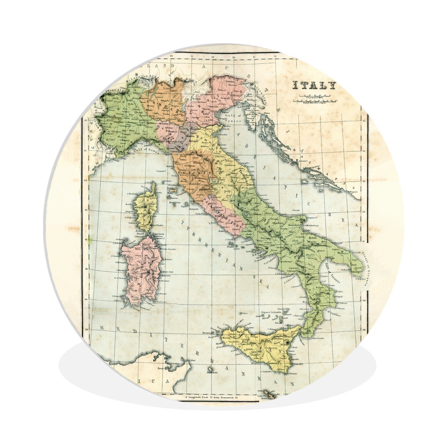 MuchoWow Gemälde Vintage-Karte von Italien, (1 St), Kreis Wanddekoration Forex, Rundes Wandbild, Wohnzimmer, 30x30 cm