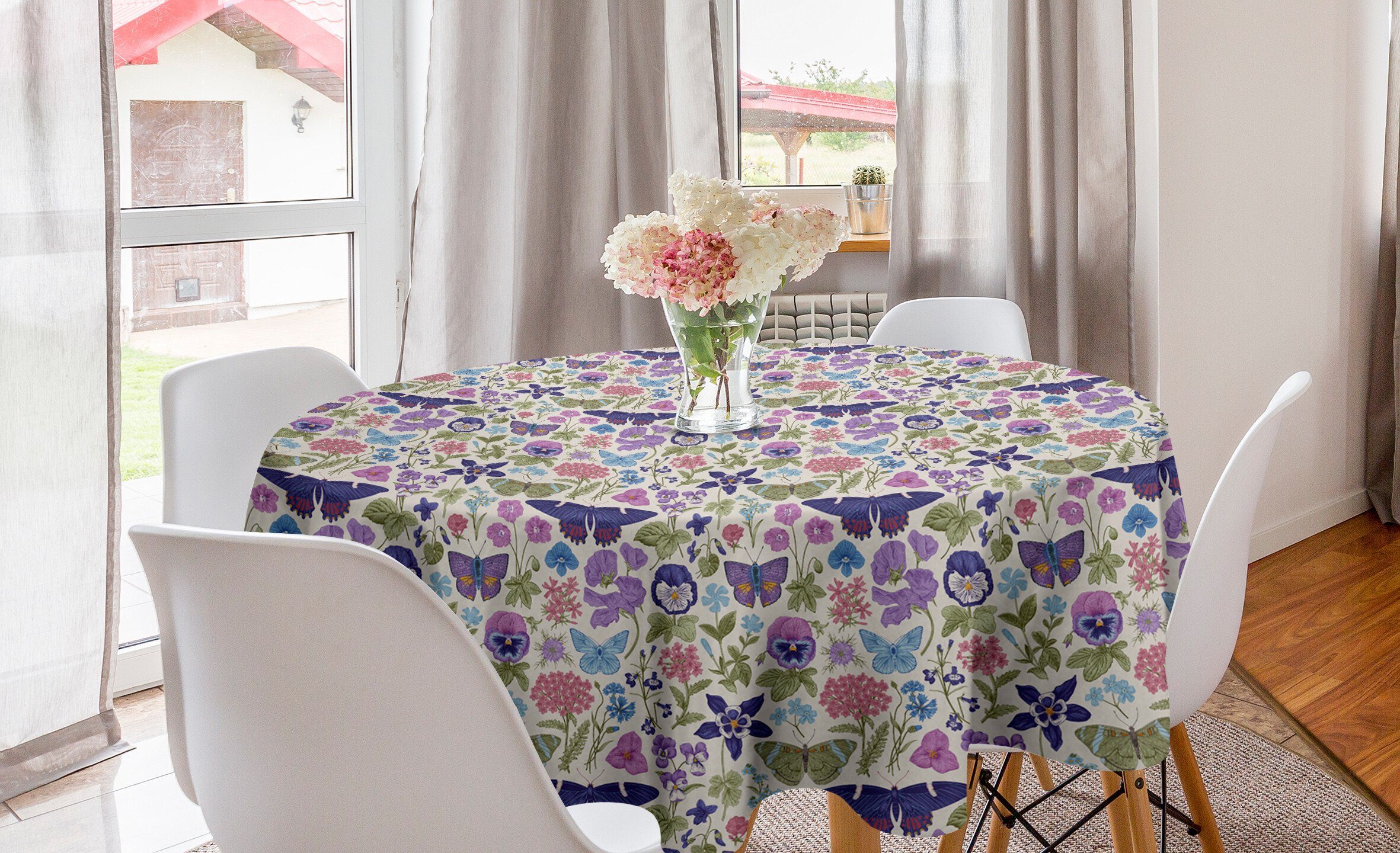 Tischdecke für Schmetterlings-Stiefmütterchen Esszimmer Abdeckung Abakuhaus Kreis Blumen Küche Blumen-Blatt Dekoration, Tischdecke