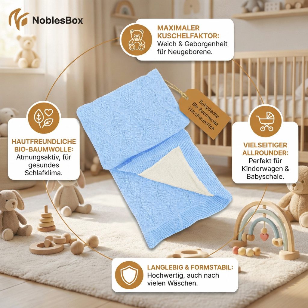 Babydecke Baby Kuscheldecke 110x100cm - Strick - Decke für Neugeborene weich, NoblesBox, Innen Wollig, Strickdecken in verschiedenen Farben