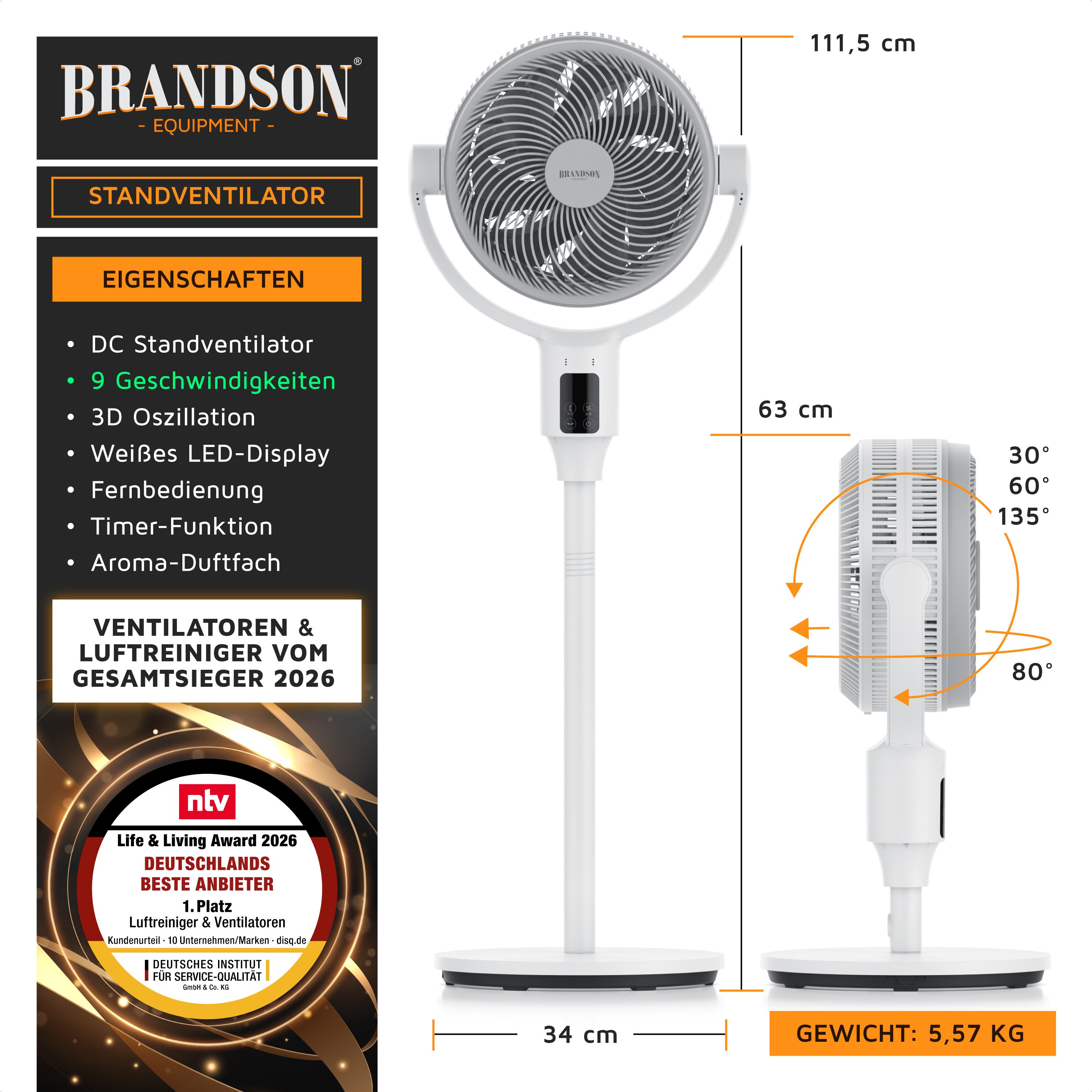 Brandson Standventilator 3D Oszillation, Dual Blade, DC Motor, Timer, Fernbedienung, Duftfach, Sieger NTV Award 2026, 9 Geschwindigkeiten, höhenverstellbar