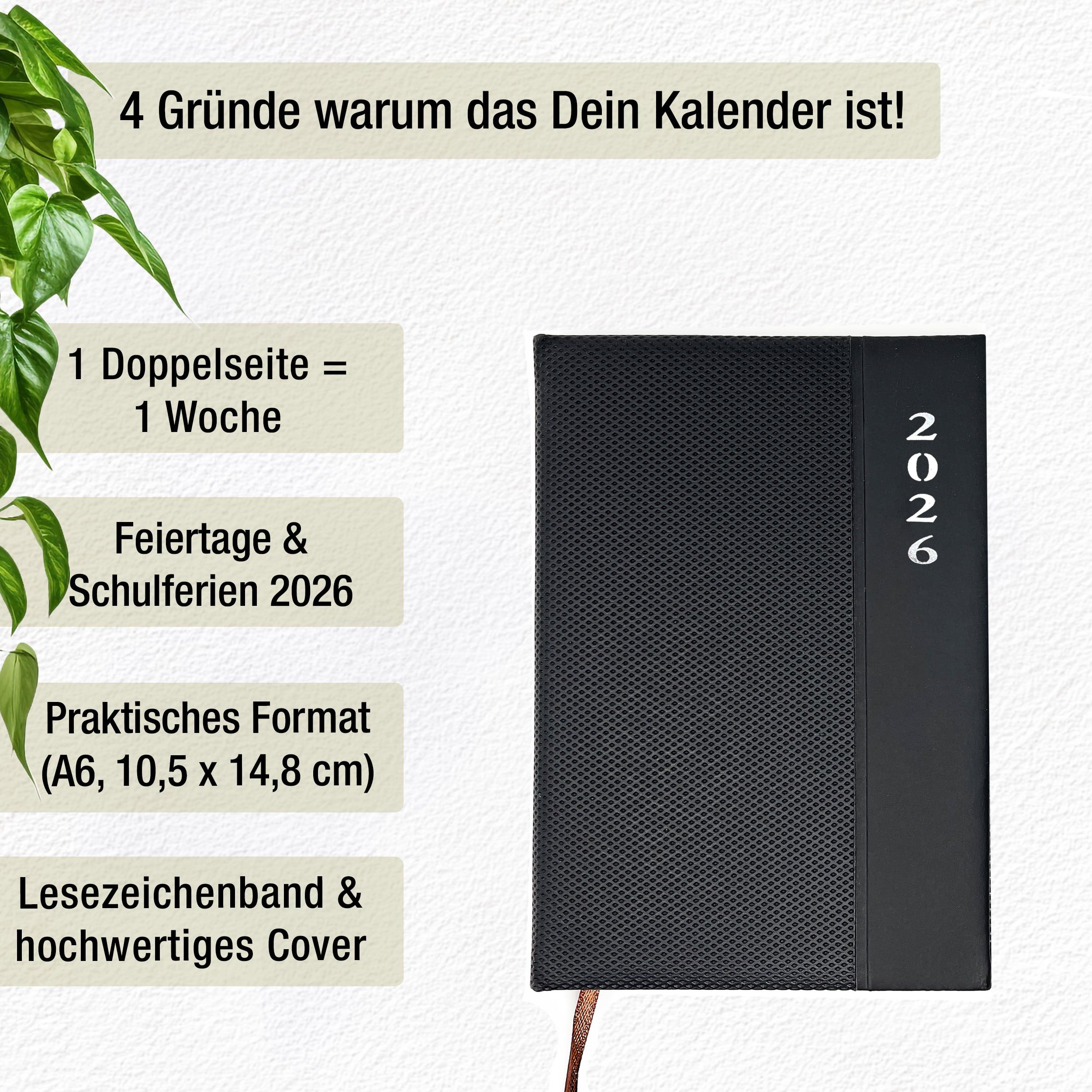 Thumbnail - AMLI Taschenkalender Taschenkalender 2026 A6 Schwarz, 1 Woche 2 Seiten, DIN A6 Kalender, Buchkalender 2026