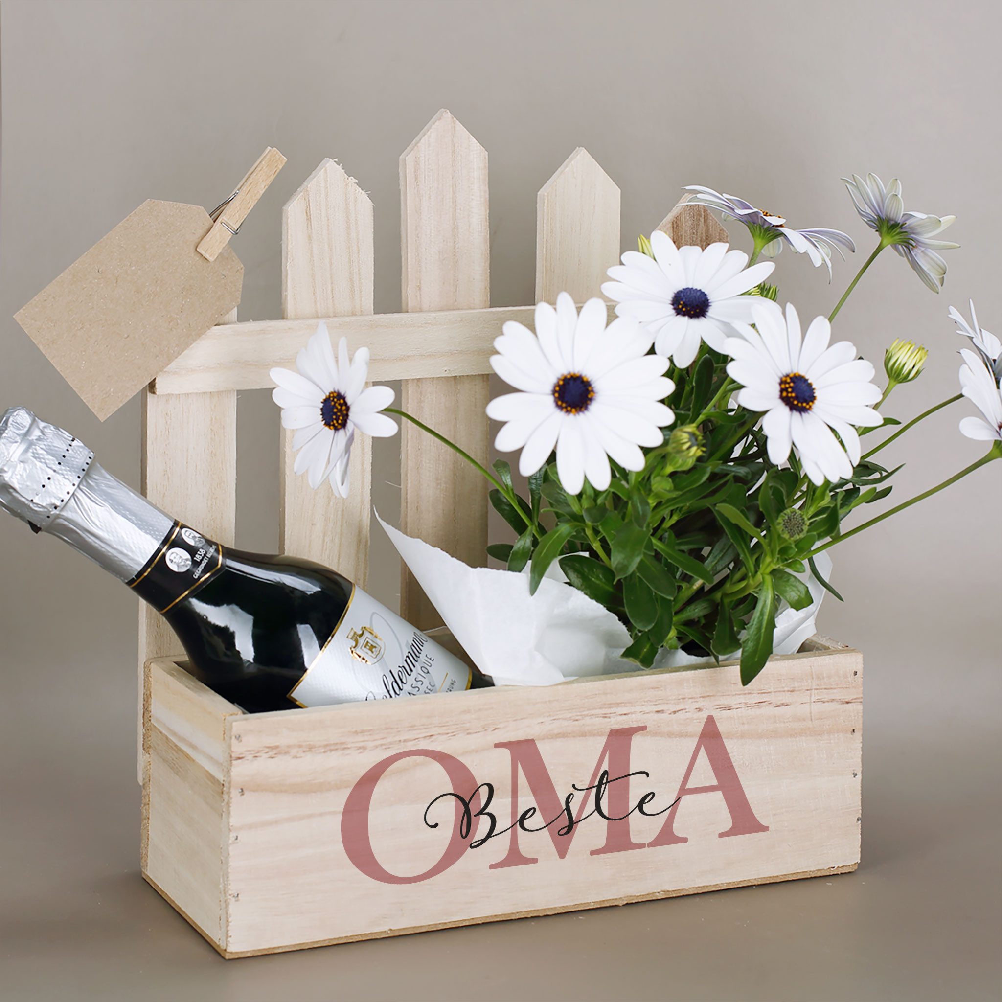 Herz & Heim Geschenkbox Pflanzkorb mit Zaun - Geschenkkorb mit Druck für Mama, Papa, Oma, Opa, aus Holz, mit Folie ausgekleidet