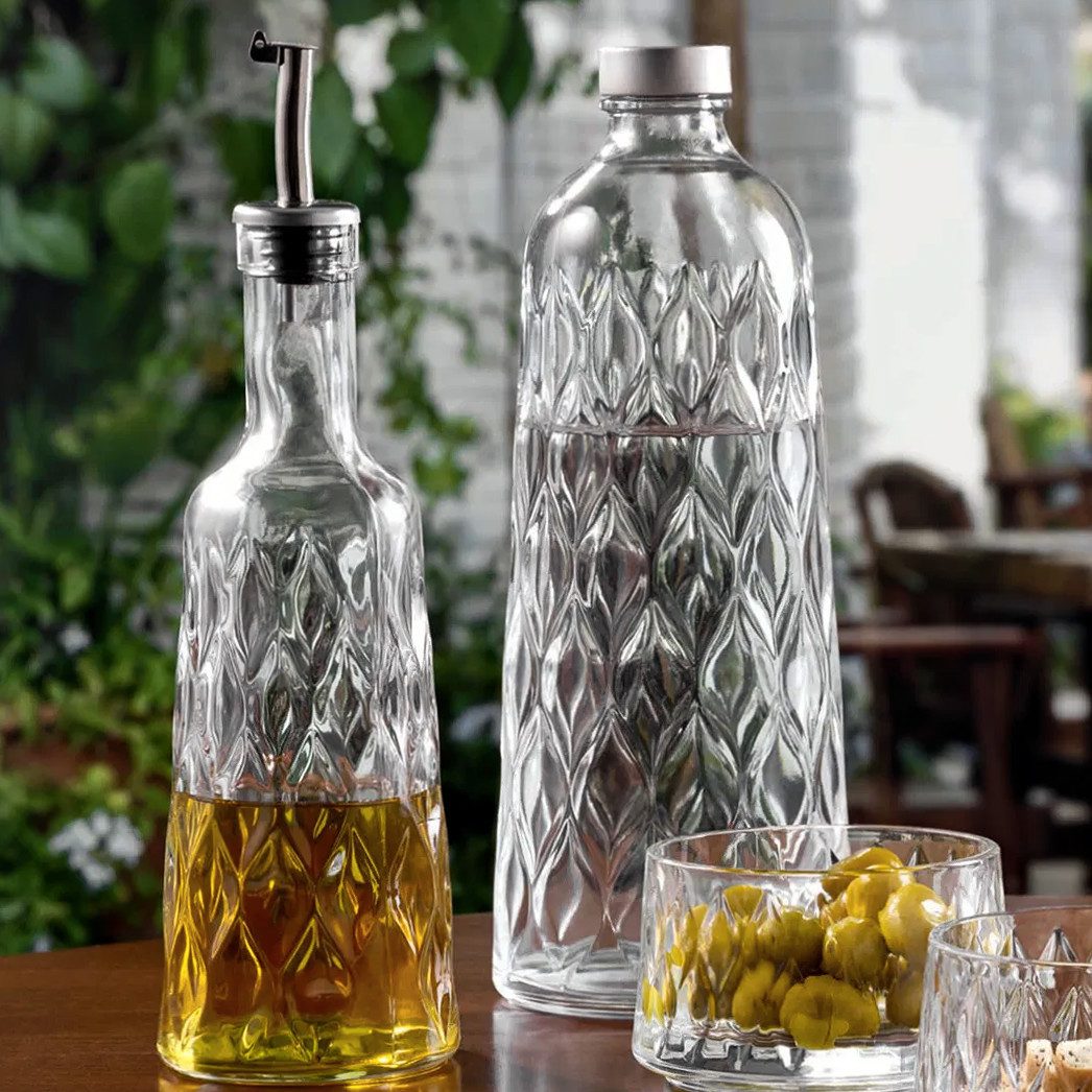 Pasabahce Menage-Set Leafy 2er Set Öl- & Essigflasche aus Glas 380 ml mit Ausgießer, (Packung, 2-tlg)