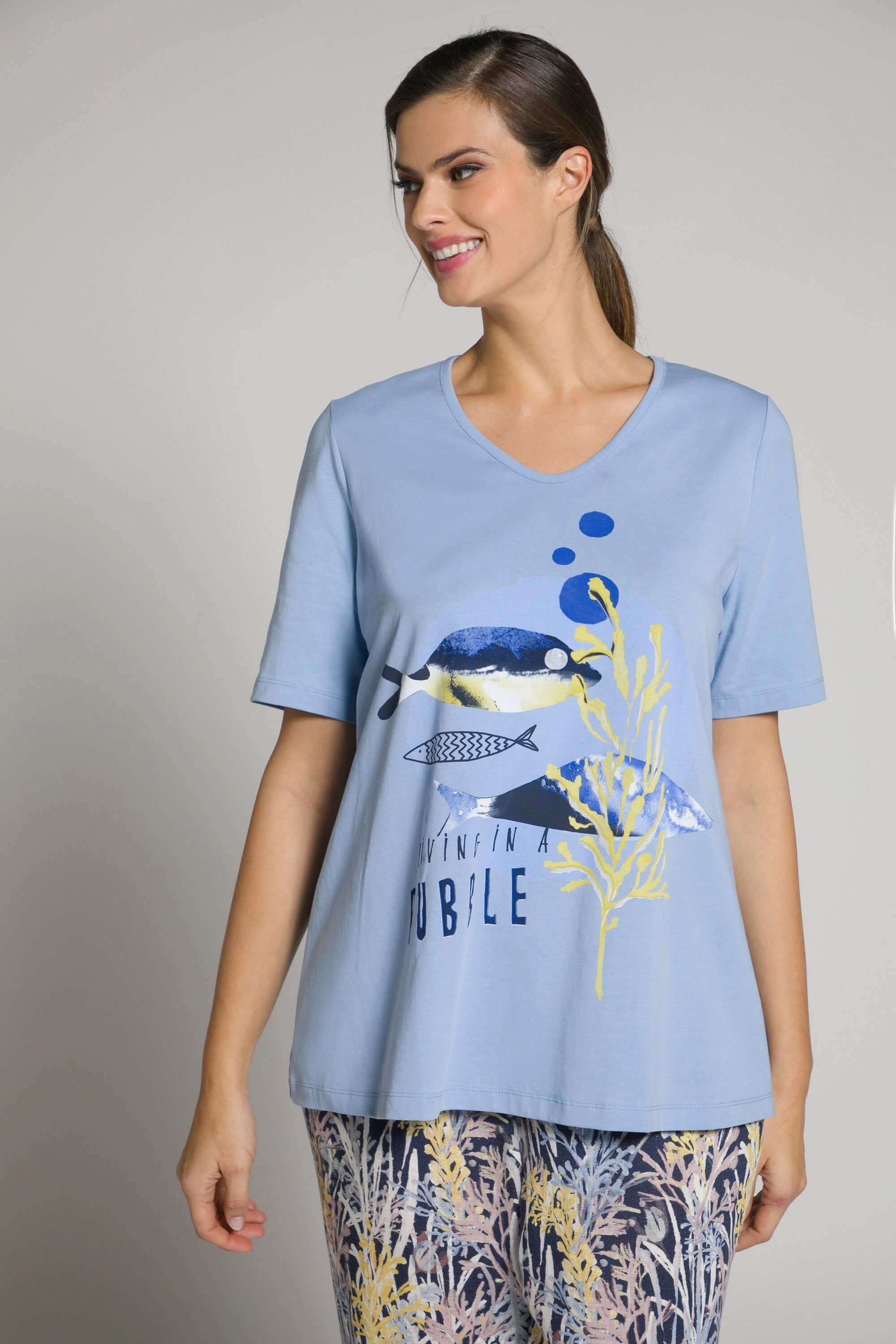 Ulla Popken Longsleeve T-Shirt Fische Classic V-Ausschnitt Halbarm eisblau