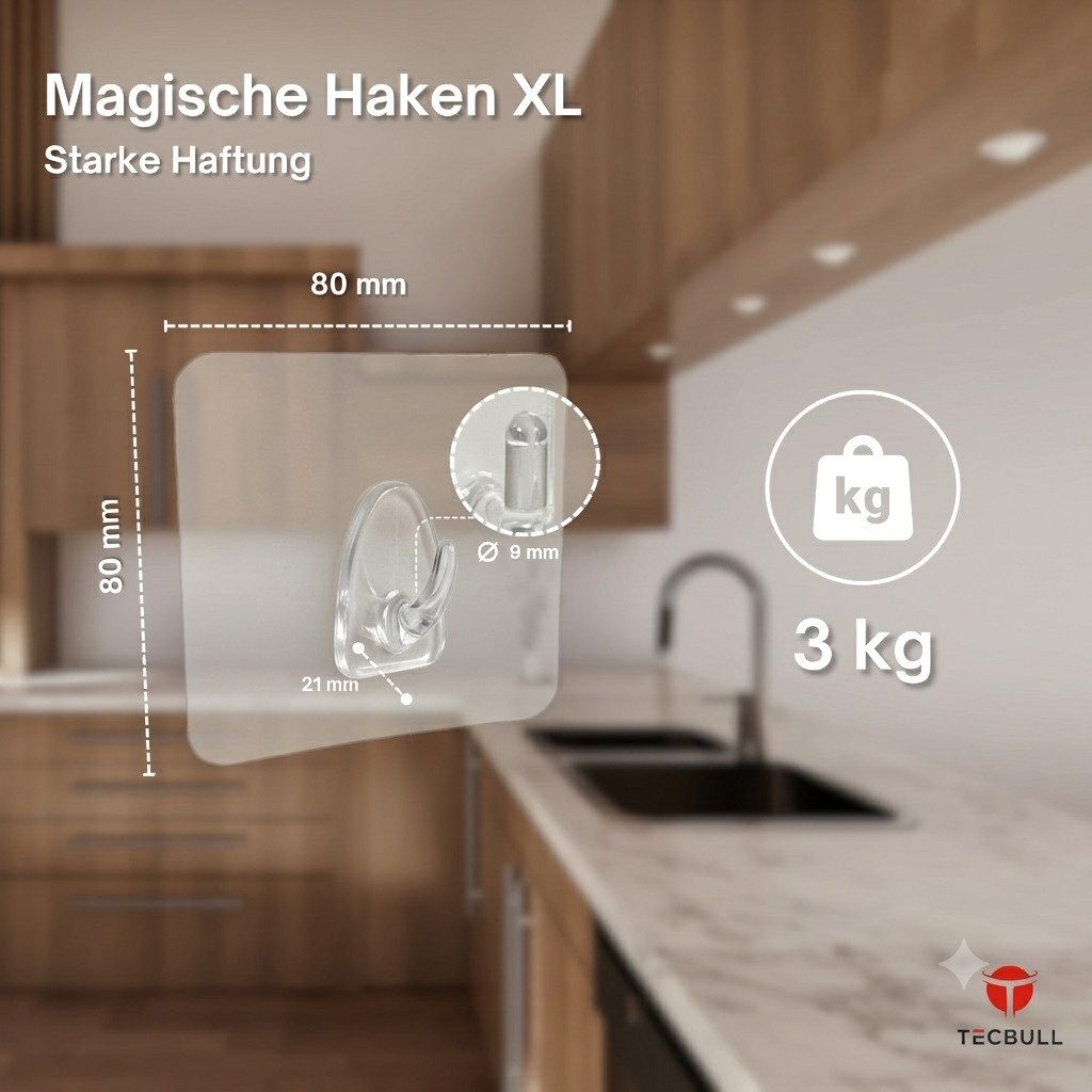 TECBULL Klebehaken Wiederverwendbare Haken XL, transparent, rückstandsfrei ablösbar, Geschirrtuchhalter, Handtuchalter, Spültuchhalter, Tuchhalter, Waschlappen Halter, Fensterhaken, Fliesenhaken, Küchenhaken, (8-St), rückstandsfrei ablösbar wiederverwendbar beinahe unsichtbar bis 3KG
