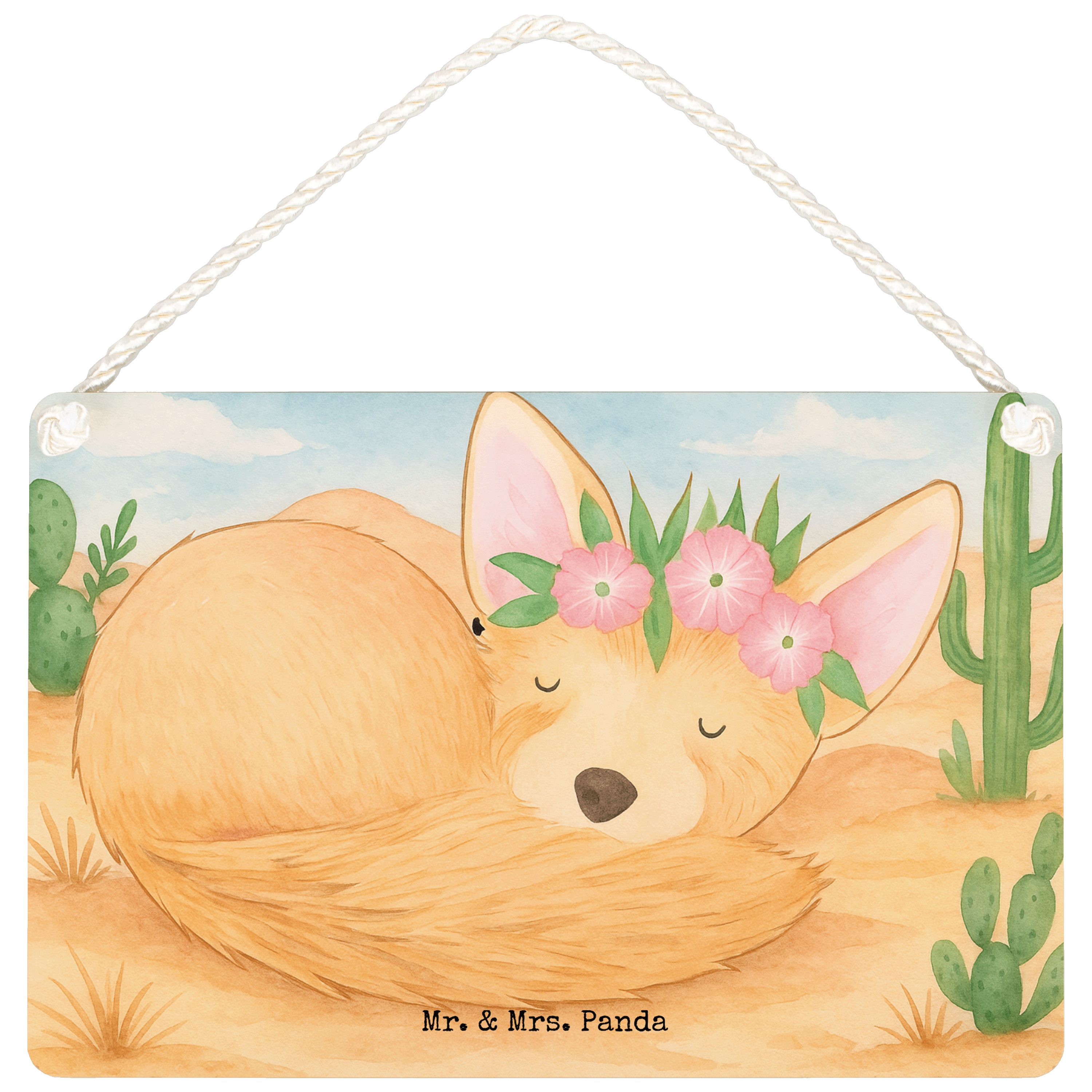 Mr. & Mrs. Panda Hinweisschild Wüstenfuchs Blumen Design, Schild DIN A6, Weiß, Blumenkranz, Afrika, (Packung, 1 St)