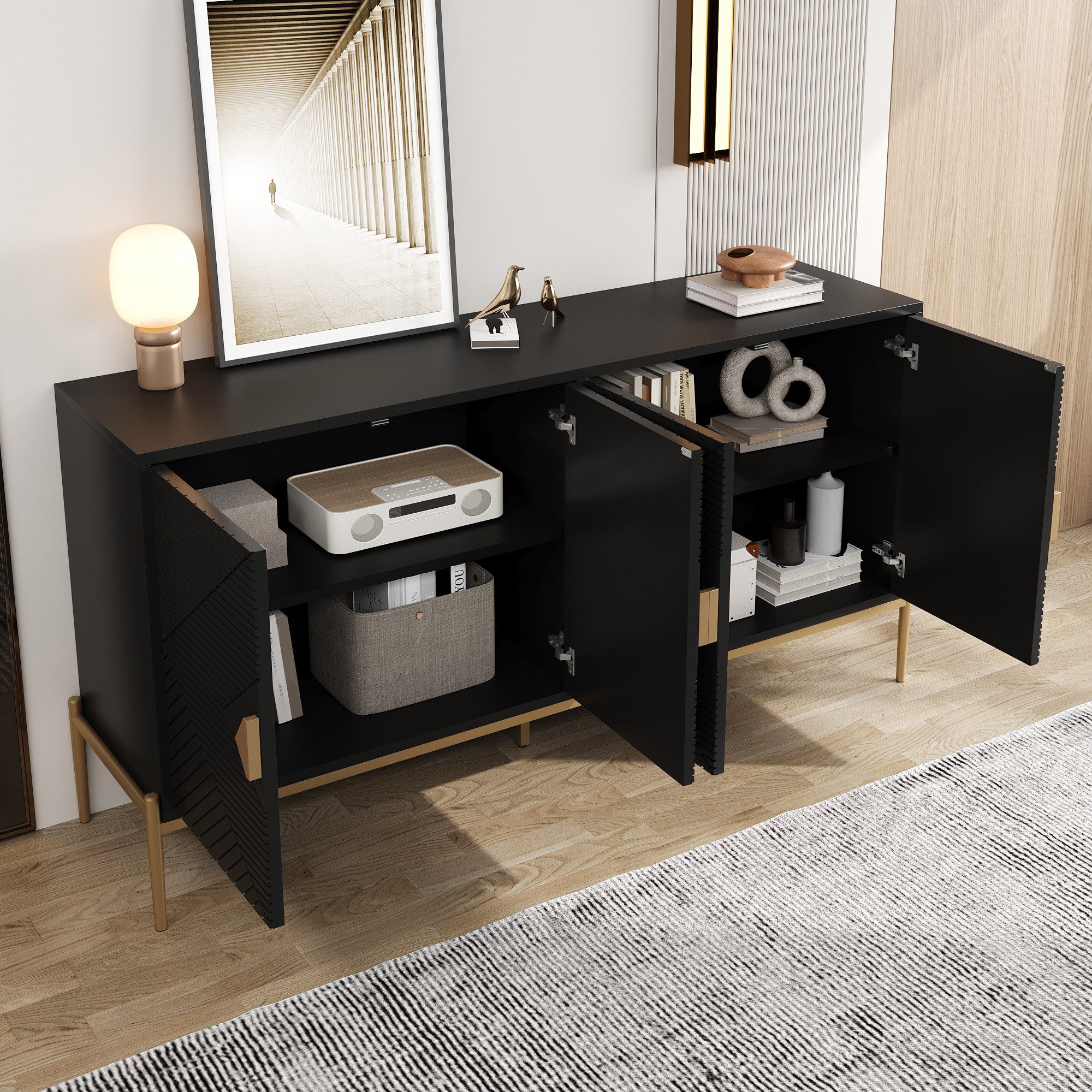 Merax Sideboard mit goldenen Metallbeinen (1 St., 162L x 40B x 80H(cm), Kommode mit 4 Türen, Aufbewahrungsschrank Anrichte, Buffetschrank – Bild 4 von 5