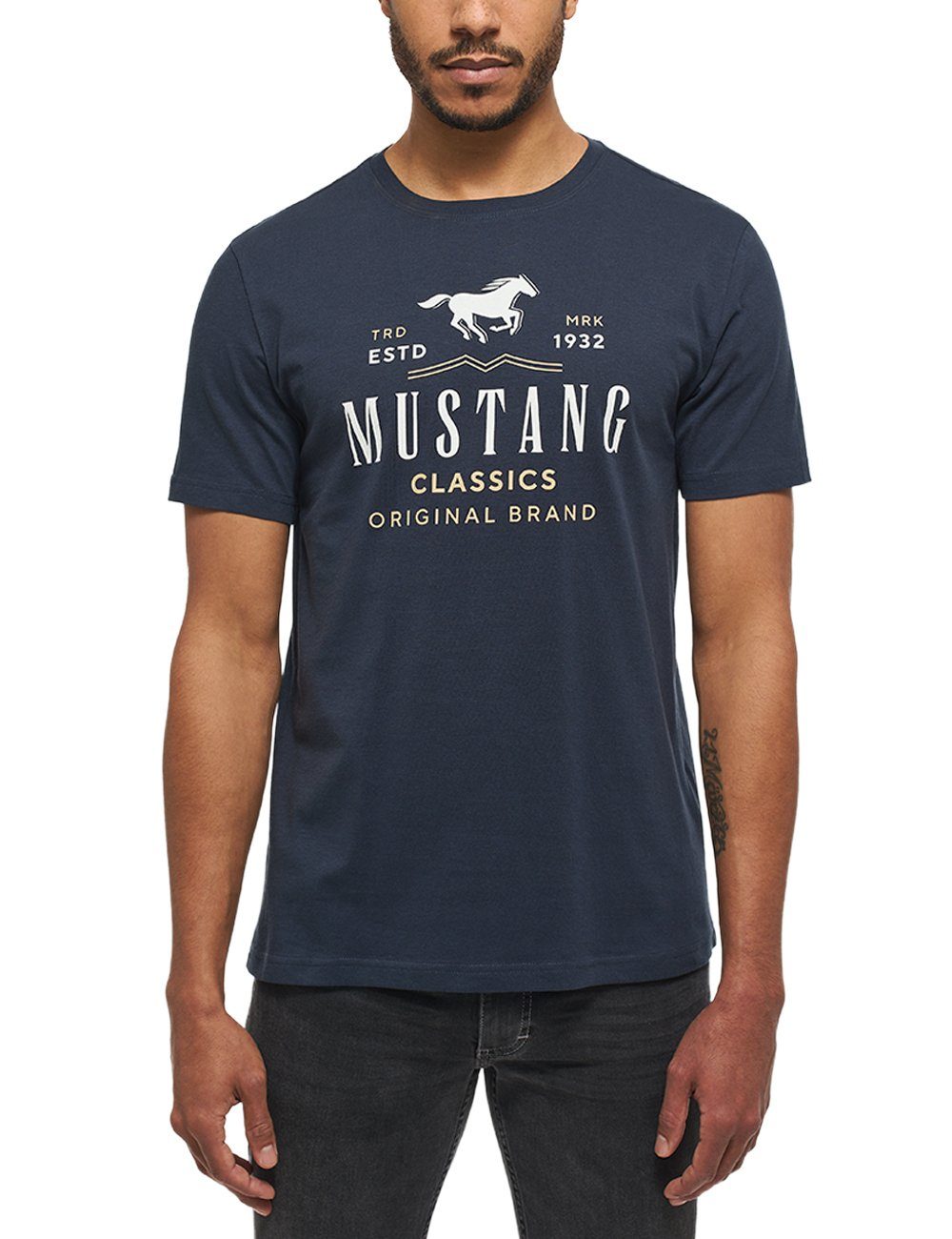 Mustang T-Shirt MUSTANG navy Kurzarmshirt Print-Shirt