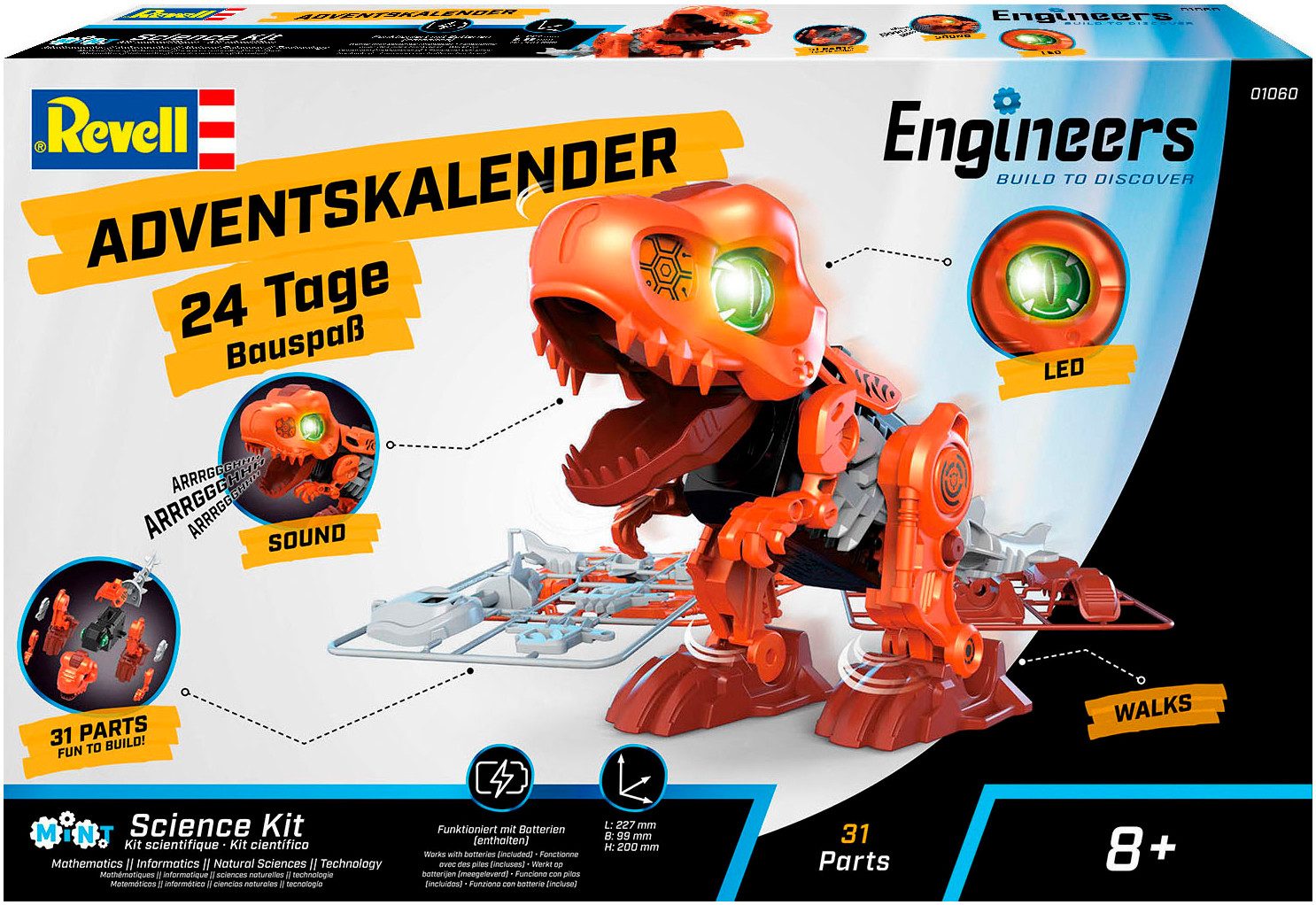 Revell® Spielzeug-Adventskalender Engineers „Electric T.Rex“, zum Bauen, Forschen und Entdecken, mit Licht und Sound