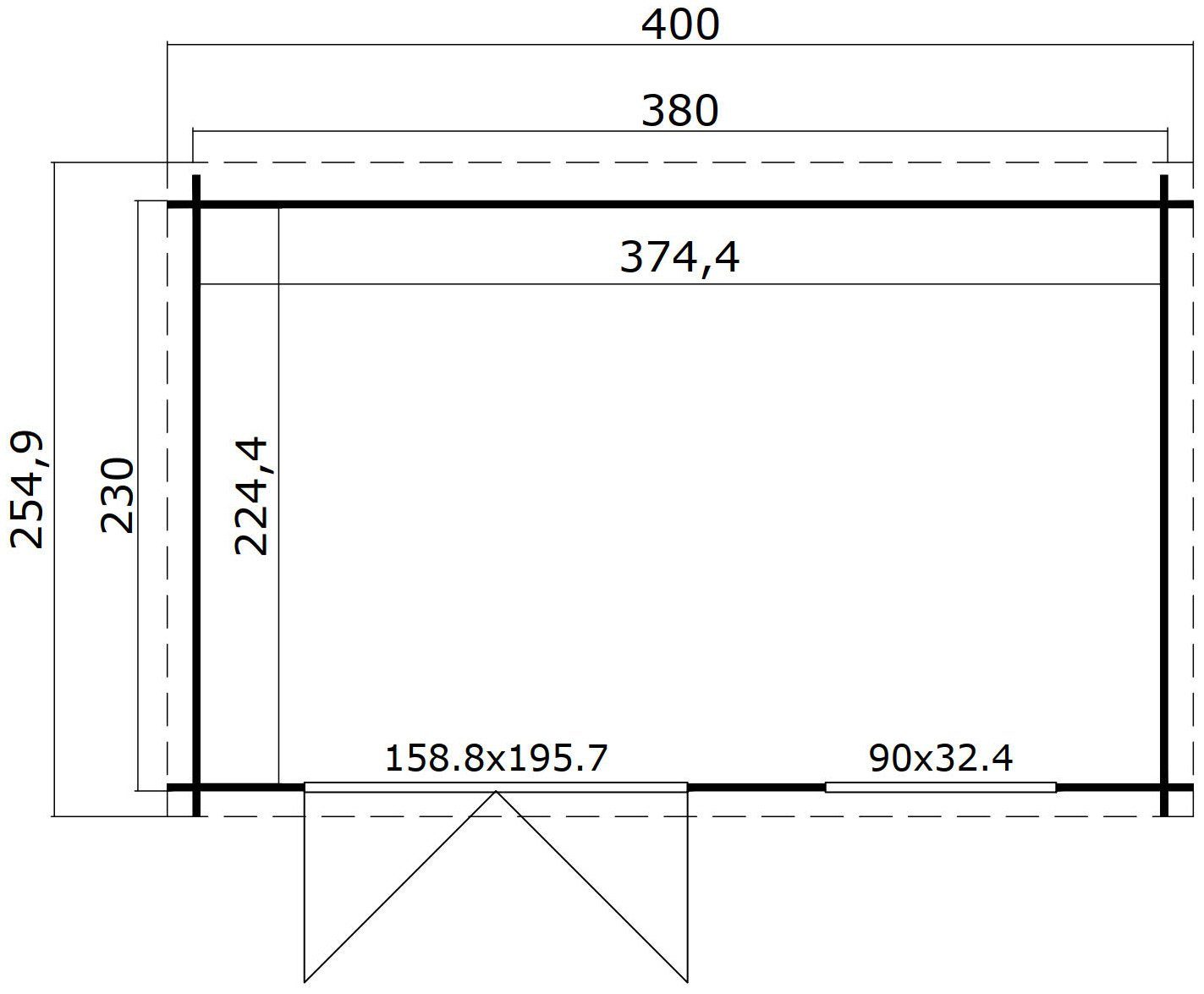 Augusta, Fundamentmass cm, Gartenhaus BxT: 3800x2300, Blochbohlenhaus 28mm, Schwedenrot MAJA LASITA 400x230