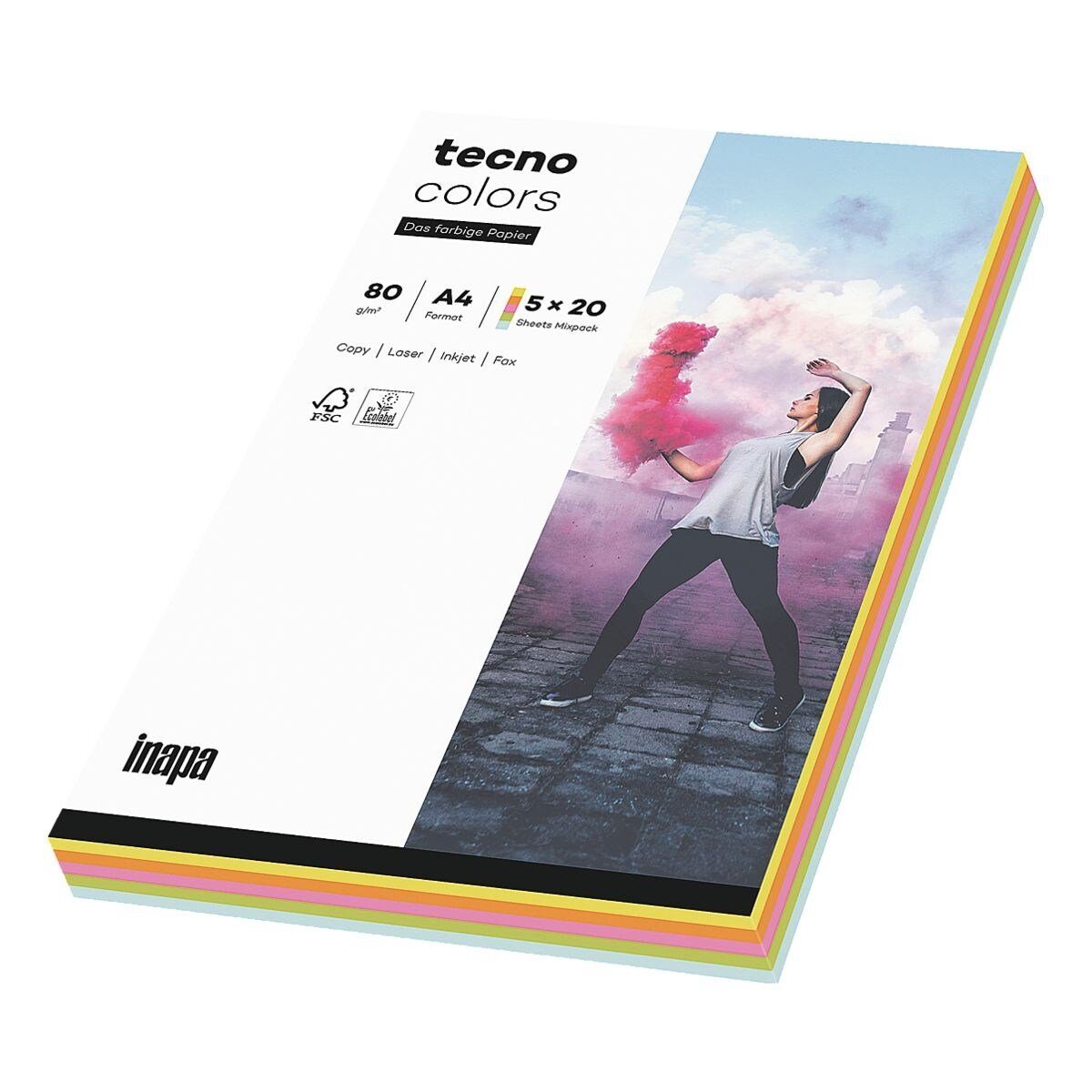 Inapa tecno Drucker- und Kopierpapier Rainbow, Pastellfarben-Mix, Format DIN A4, 80 g/m²