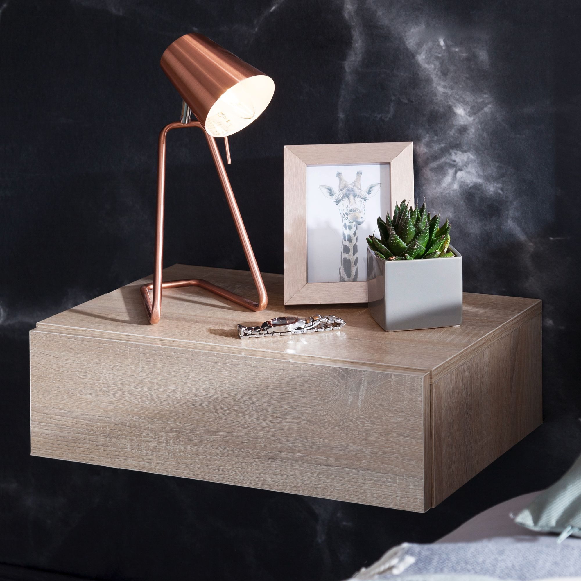 FINEBUY Nachtschrank SuVa11921_1 Wandregal mit Schublade Nachtkommode hängend schwebend (Nachtkästchen mit Schublade, Nachtschrank Modern) Nachttisch für Wandmontage 46x15x30cm Sonoma