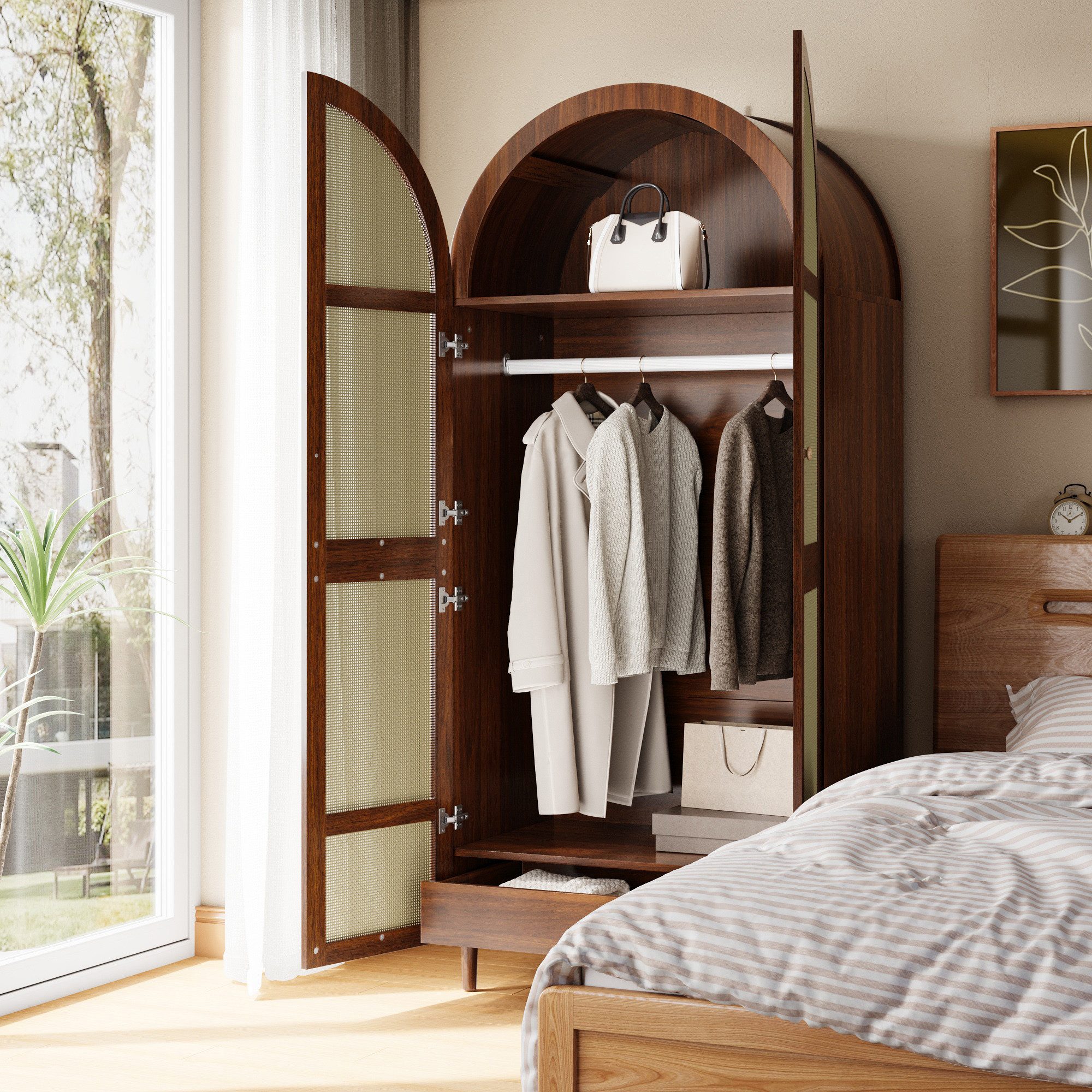 HAUSS SPOLE Kleiderschrank mit Schubladen,Garderobenschrank mit Kleiderstange & Holzbeine,Walnuss